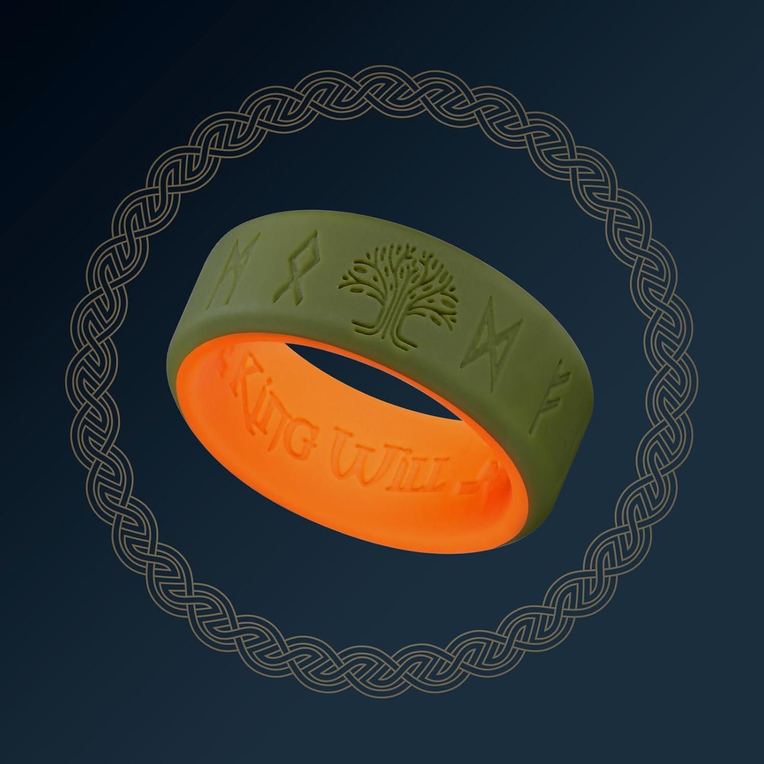 imageKing Will Silicone Wedding Rings For Men 4 Pack Rubber Wedding Bands with Celtic Knot Pattern 8mm Wide 22mm Thick Comfort Fit Size 13Green Orange Runes