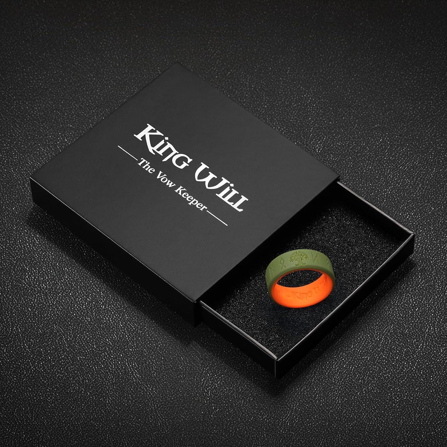 imageKing Will Silicone Wedding Rings For Men 4 Pack Rubber Wedding Bands with Celtic Knot Pattern 8mm Wide 22mm Thick Comfort Fit Size 13Green Orange Runes