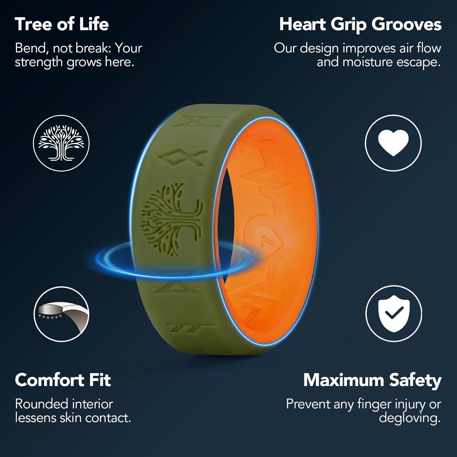 imageKing Will Silicone Wedding Rings For Men 4 Pack Rubber Wedding Bands with Celtic Knot Pattern 8mm Wide 22mm Thick Comfort Fit Size 13Green Orange Runes