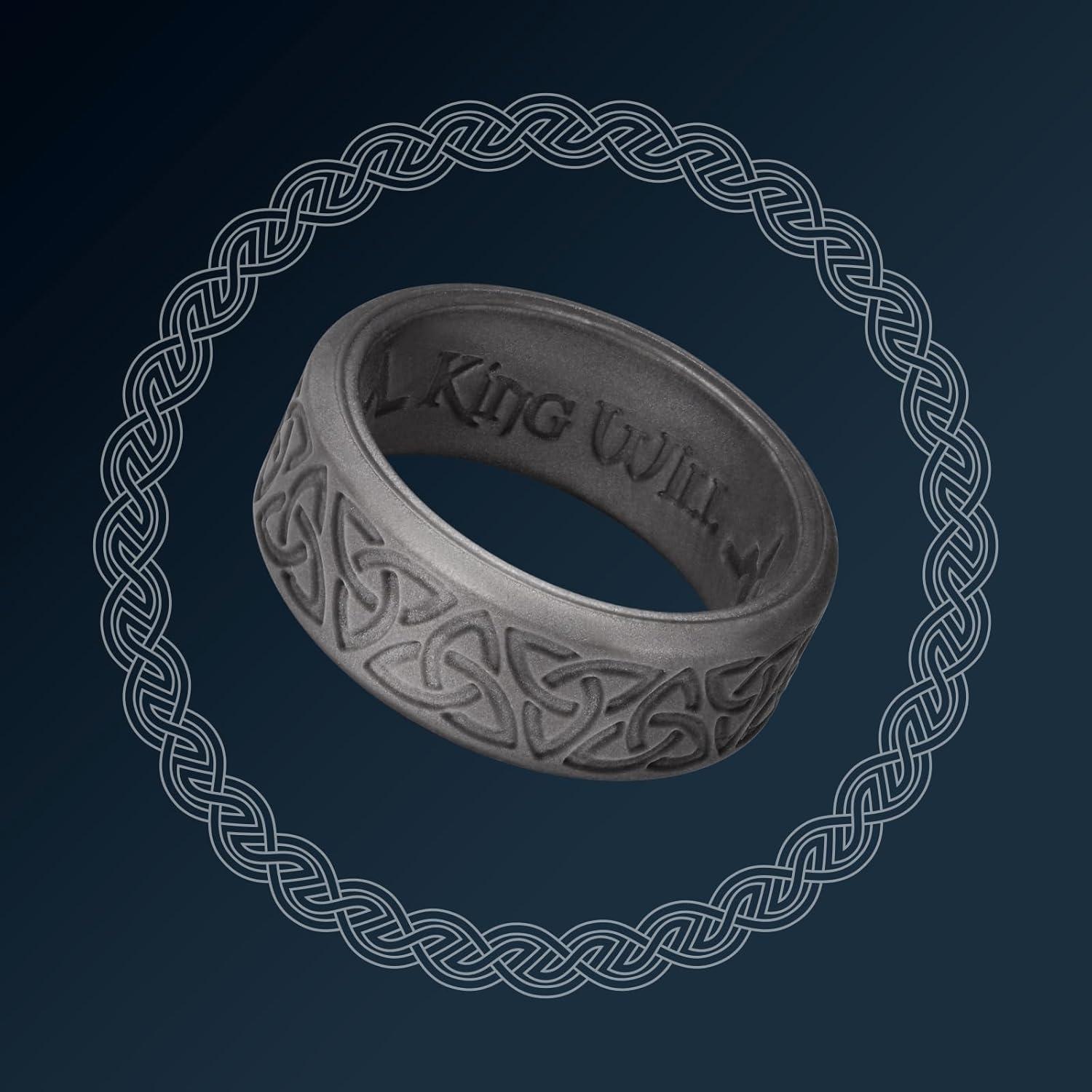 imageKing Will Silicone Wedding Rings For Men 4 Pack Rubber Wedding Bands with Celtic Knot Pattern 8mm Wide 22mm Thick Comfort Fit Size 13Metallic Platinum