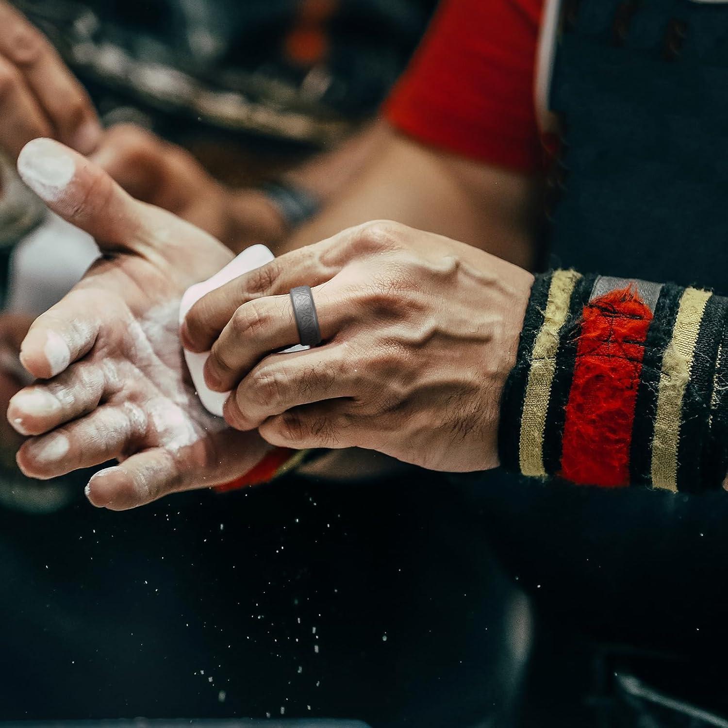 imageKing Will Silicone Wedding Rings For Men 4 Pack Rubber Wedding Bands with Celtic Knot Pattern 8mm Wide 22mm Thick Comfort Fit Size 13Metallic Platinum