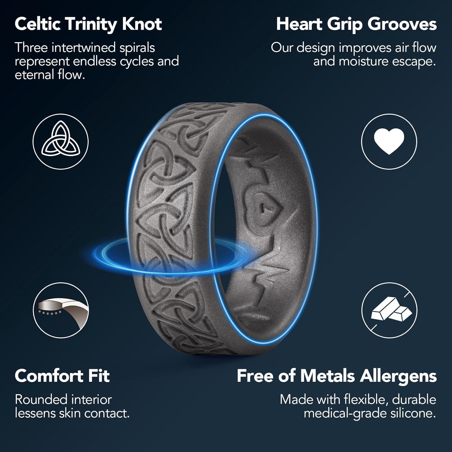 imageKing Will Silicone Wedding Rings For Men 4 Pack Rubber Wedding Bands with Celtic Knot Pattern 8mm Wide 22mm Thick Comfort Fit Size 13Metallic Platinum