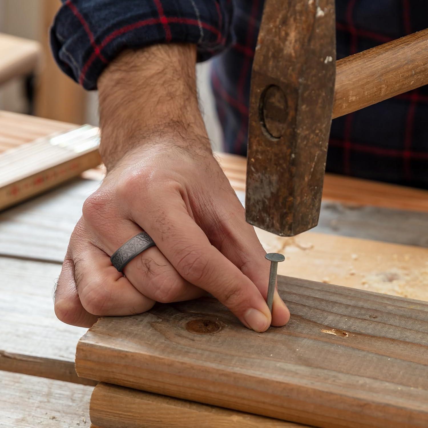 imageKing Will Silicone Wedding Rings For Men 4 Pack Rubber Wedding Bands with Celtic Knot Pattern 8mm Wide 22mm Thick Comfort Fit Size 13Metallic Platinum