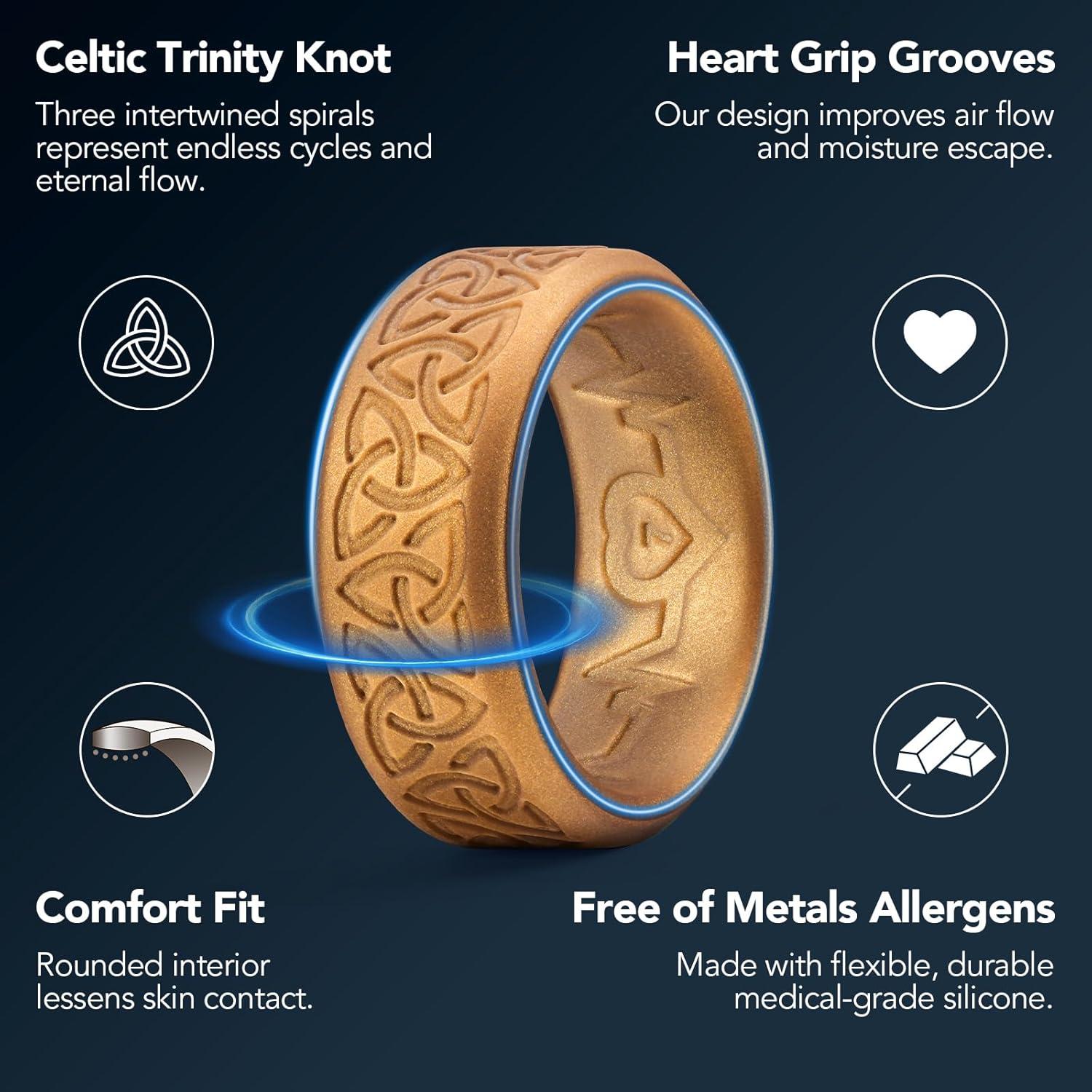 imageKing Will Silicone Wedding Rings For Men 4 Pack Rubber Wedding Bands with Celtic Knot Pattern 8mm Wide 22mm Thick Comfort Fit Size 13Metallic copper