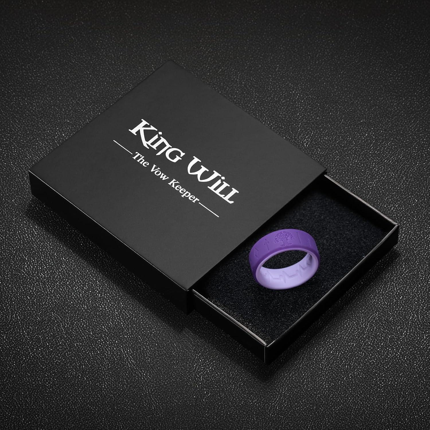 imageKing Will Silicone Wedding Rings For Men 4 Pack Rubber Wedding Bands with Celtic Knot Pattern 8mm Wide 22mm Thick Comfort Fit Size 13Purple Runes