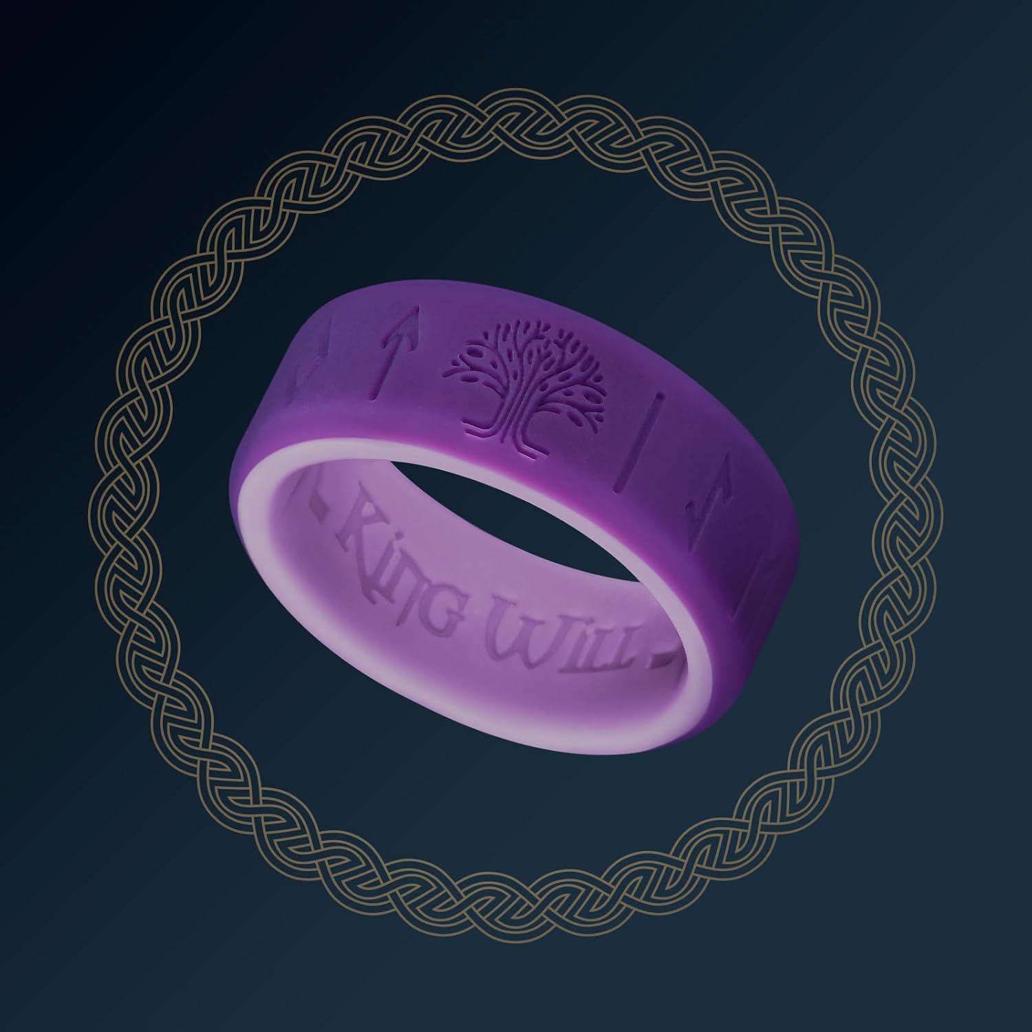 imageKing Will Silicone Wedding Rings For Men 4 Pack Rubber Wedding Bands with Celtic Knot Pattern 8mm Wide 22mm Thick Comfort Fit Size 13Purple Runes
