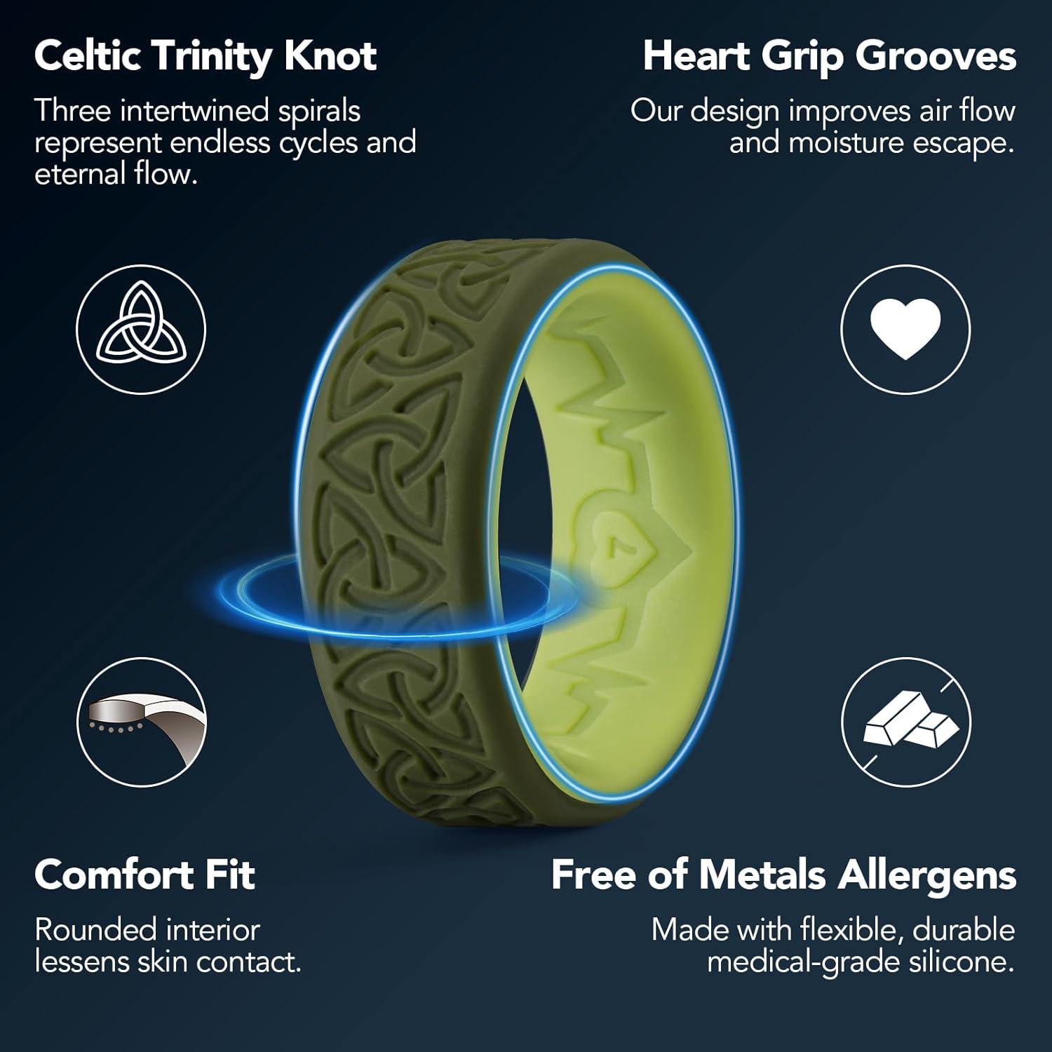 imageKing Will Silicone Wedding Rings For Men 4 Pack Rubber Wedding Bands with Celtic Knot Pattern 8mm Wide 22mm Thick Comfort Fit Size 13TwoTone Dark Green