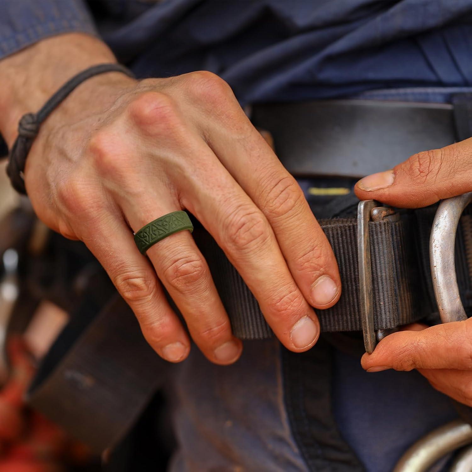 imageKing Will Silicone Wedding Rings For Men 4 Pack Rubber Wedding Bands with Celtic Knot Pattern 8mm Wide 22mm Thick Comfort Fit Size 13TwoTone Dark Green