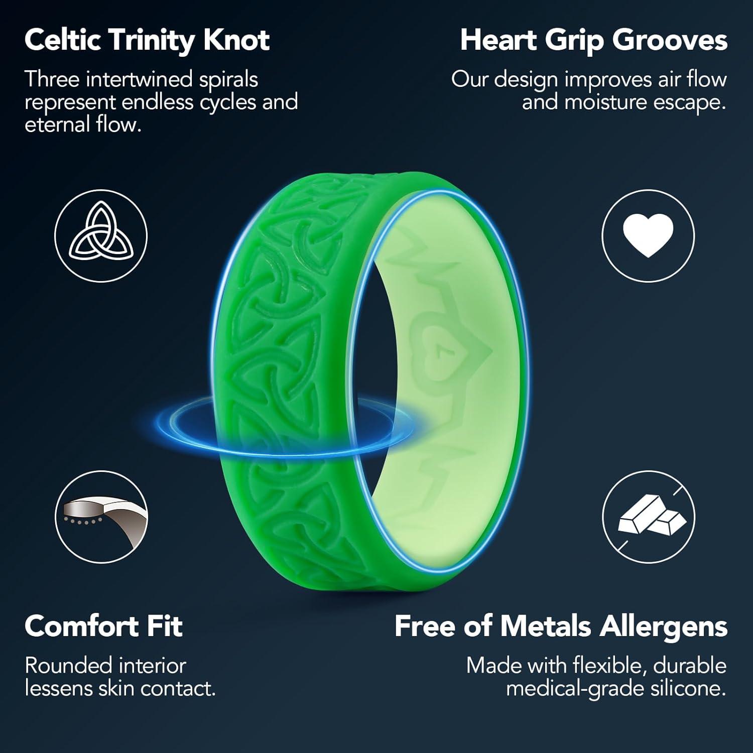 imageKing Will Silicone Wedding Rings For Men 4 Pack Rubber Wedding Bands with Celtic Knot Pattern 8mm Wide 22mm Thick Comfort Fit Size 13TwoTone Light Green