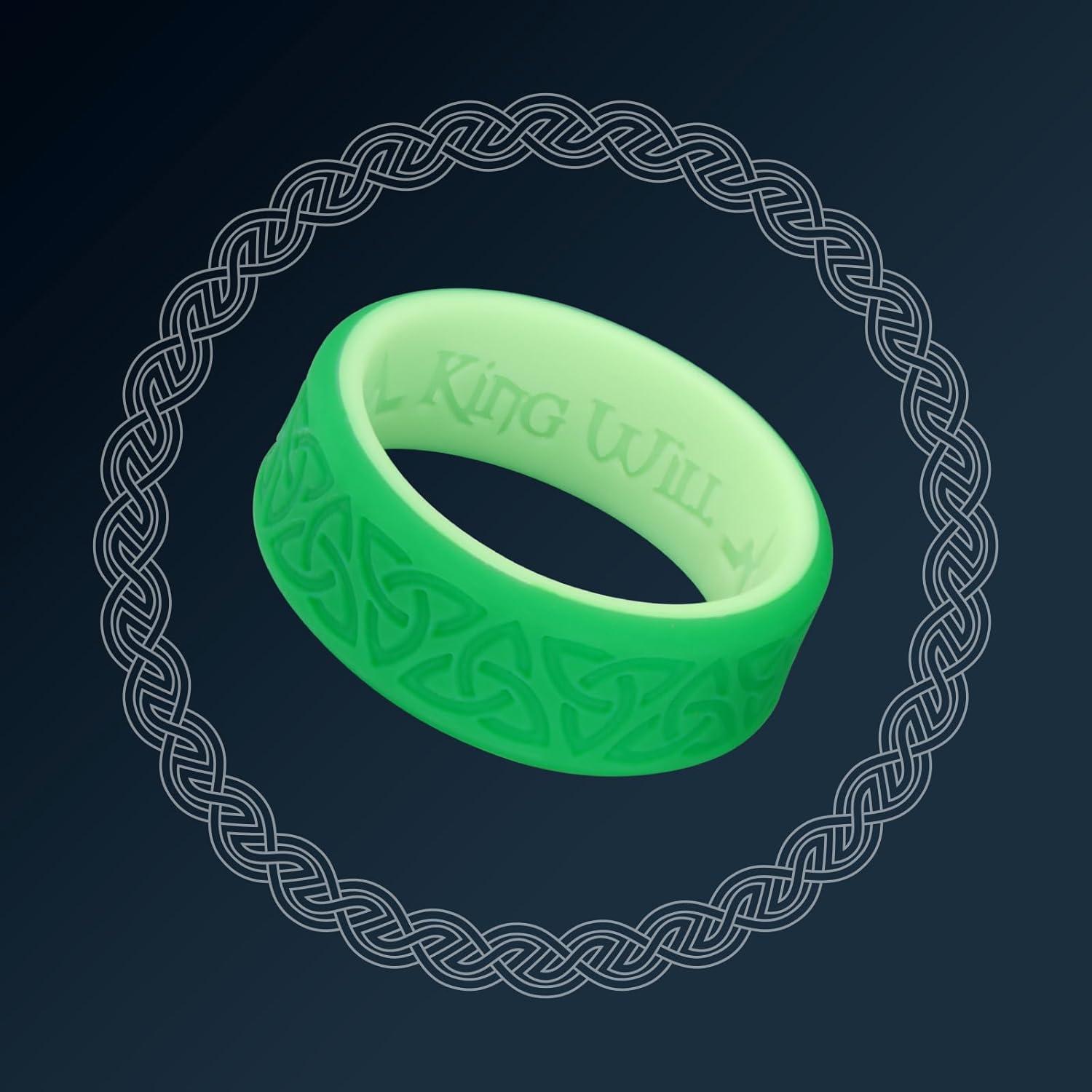 imageKing Will Silicone Wedding Rings For Men 4 Pack Rubber Wedding Bands with Celtic Knot Pattern 8mm Wide 22mm Thick Comfort Fit Size 13TwoTone Light Green