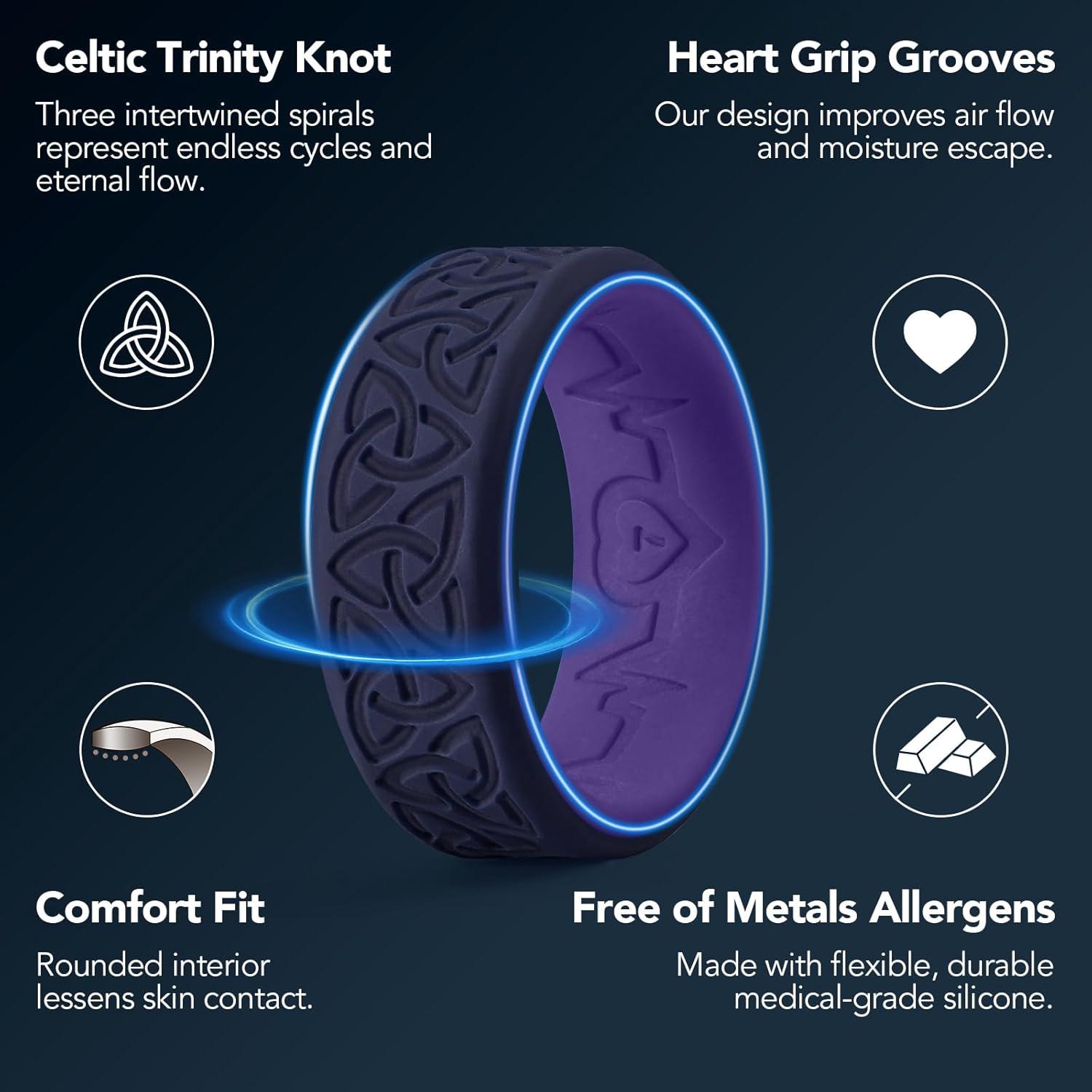 imageKing Will Silicone Wedding Rings For Men 4 Pack Rubber Wedding Bands with Celtic Knot Pattern 8mm Wide 22mm Thick Comfort Fit Size 13TwoTone Purple