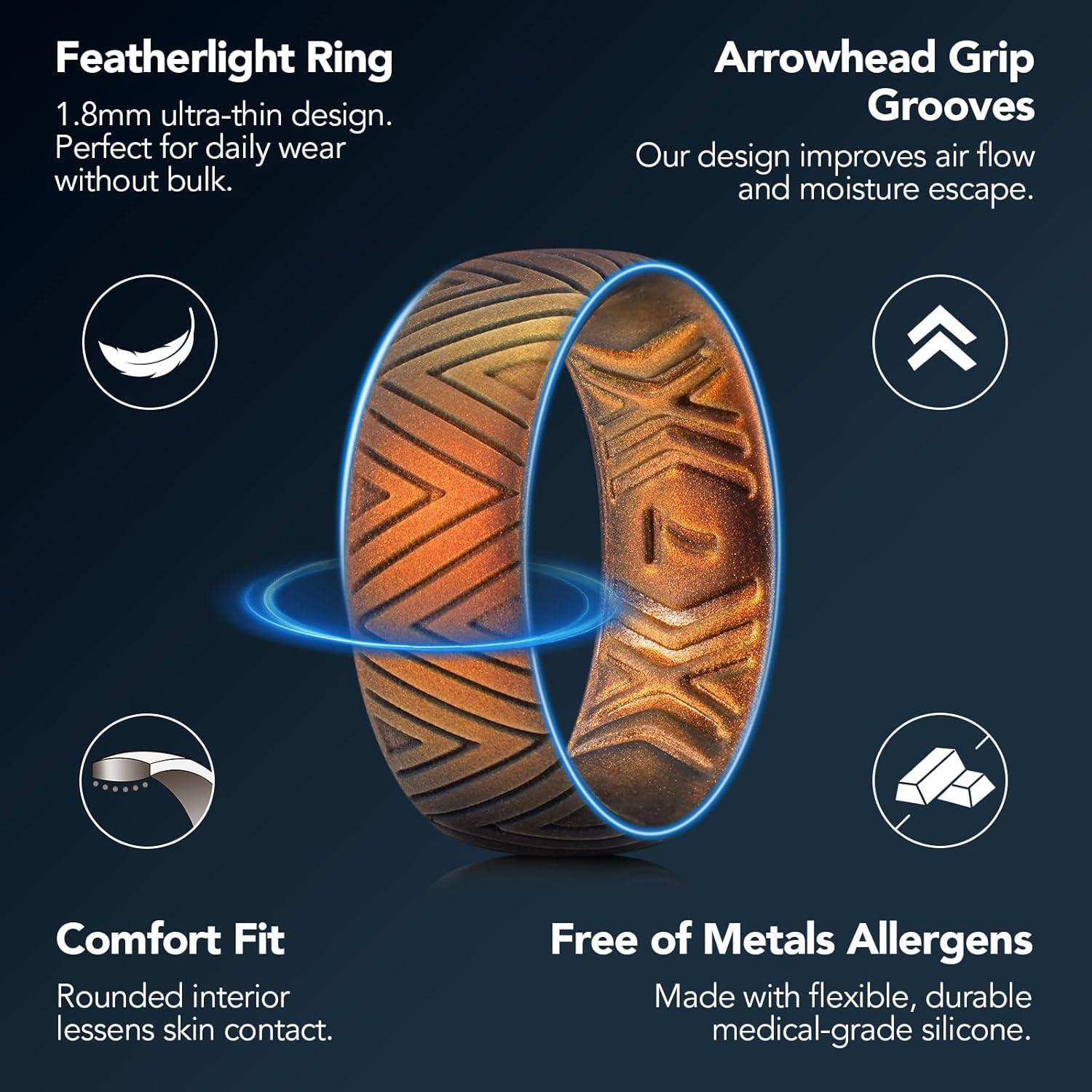 imageKing Will Silicone Wedding Rings For Men 66mm Wide 18mm Thick Triangular Pattern Design Rubber Wedding Bands Sunset Orange Breathable Design Comfort Fit Size 10