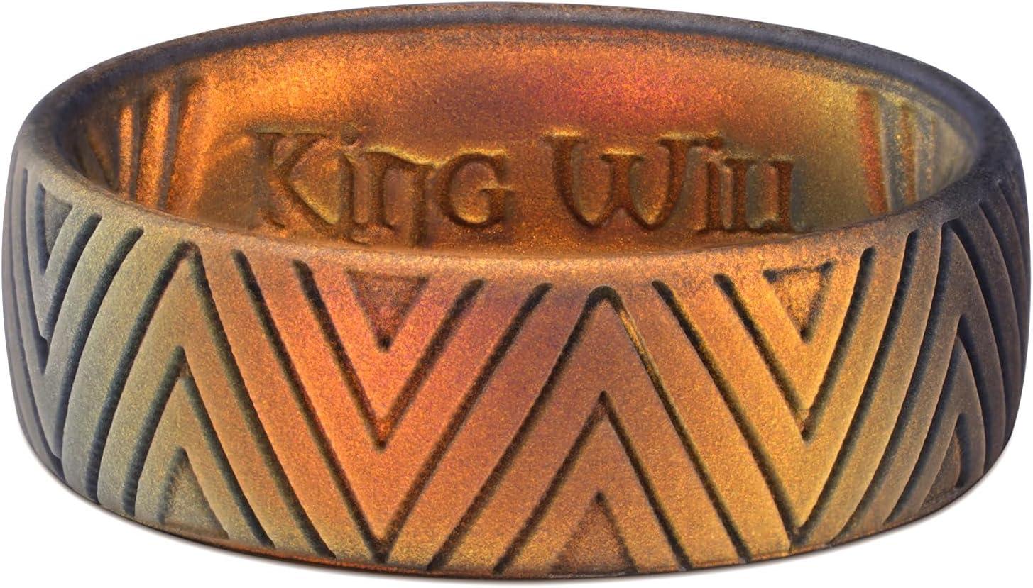 imageKing Will Silicone Wedding Rings For Men 66mm Wide 18mm Thick Triangular Pattern Design Rubber Wedding Bands Sunset Orange Breathable Design Comfort Fit Size 10