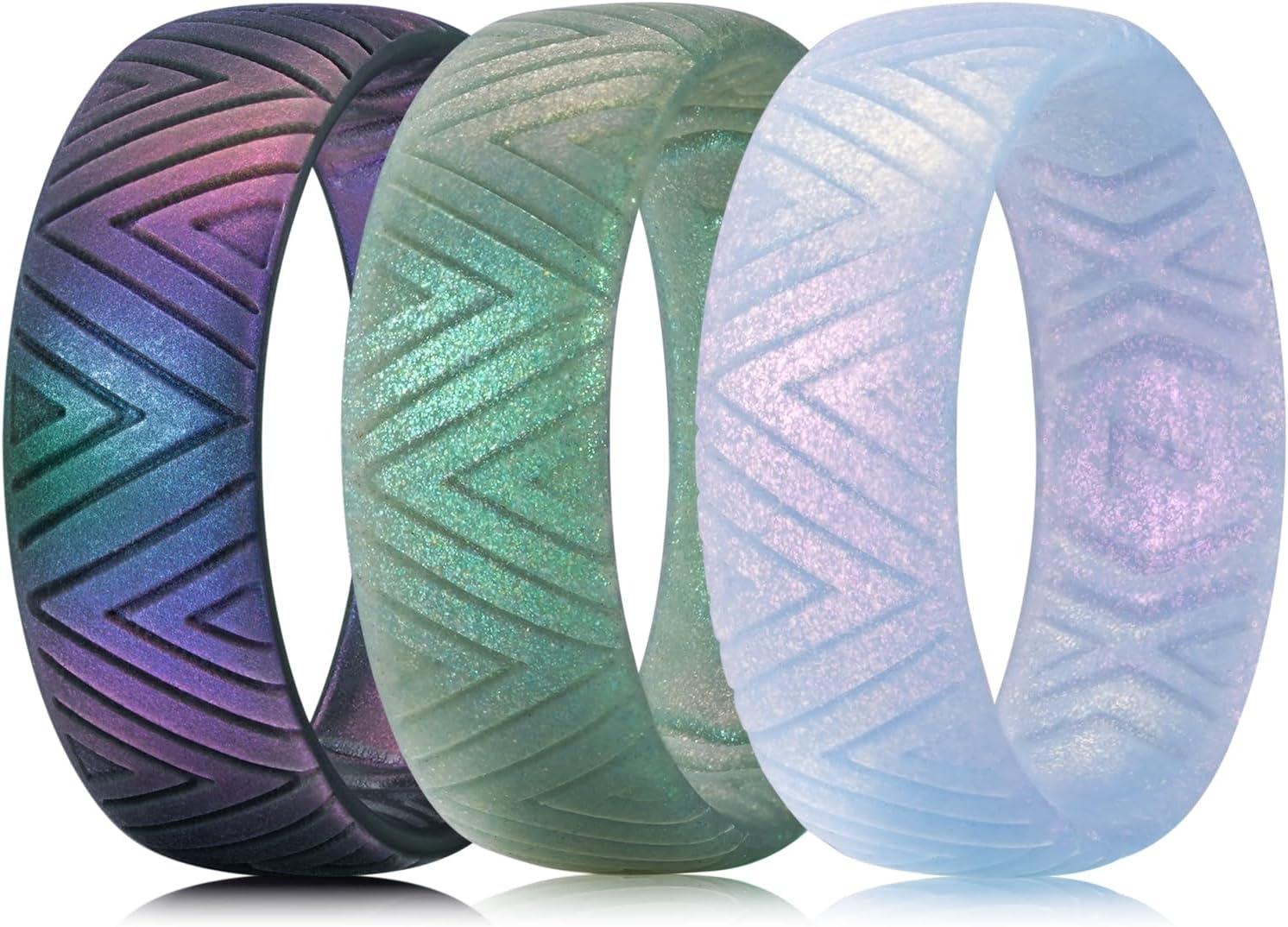 imageKing Will Silicone Wedding Rings For Men 66mm Wide 18mm Thick TriangularStarFlower Pattern Design Rubber Wedding Bands Breathable Design Comfort Fit Size 713Pack C