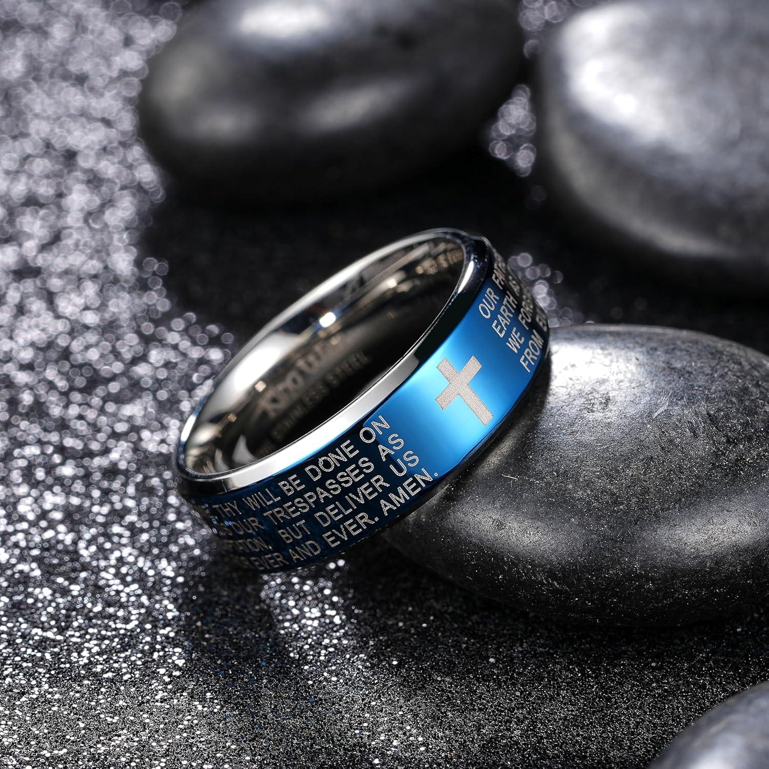 imageKing Will Stainless Steel Men Ring 8mm Lords Prayer Cross Ring Stainless Steel Men Wedding Ring GoldSilverBlack Wedding Band Bible Engraved Rings High Polished Comfort Fit Size 714blue polish