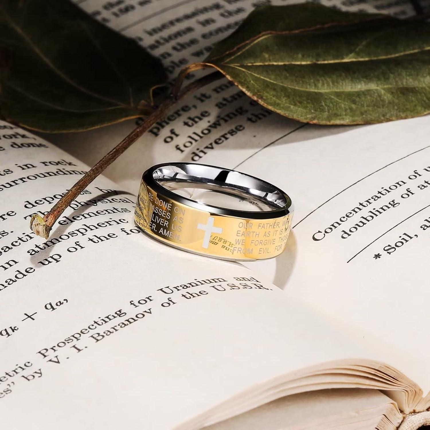 imageKing Will Stainless Steel Men Ring 8mm Lords Prayer Cross Ring Stainless Steel Men Wedding Ring GoldSilverBlack Wedding Band Bible Engraved Rings High Polished Comfort Fit Size 714gold polish