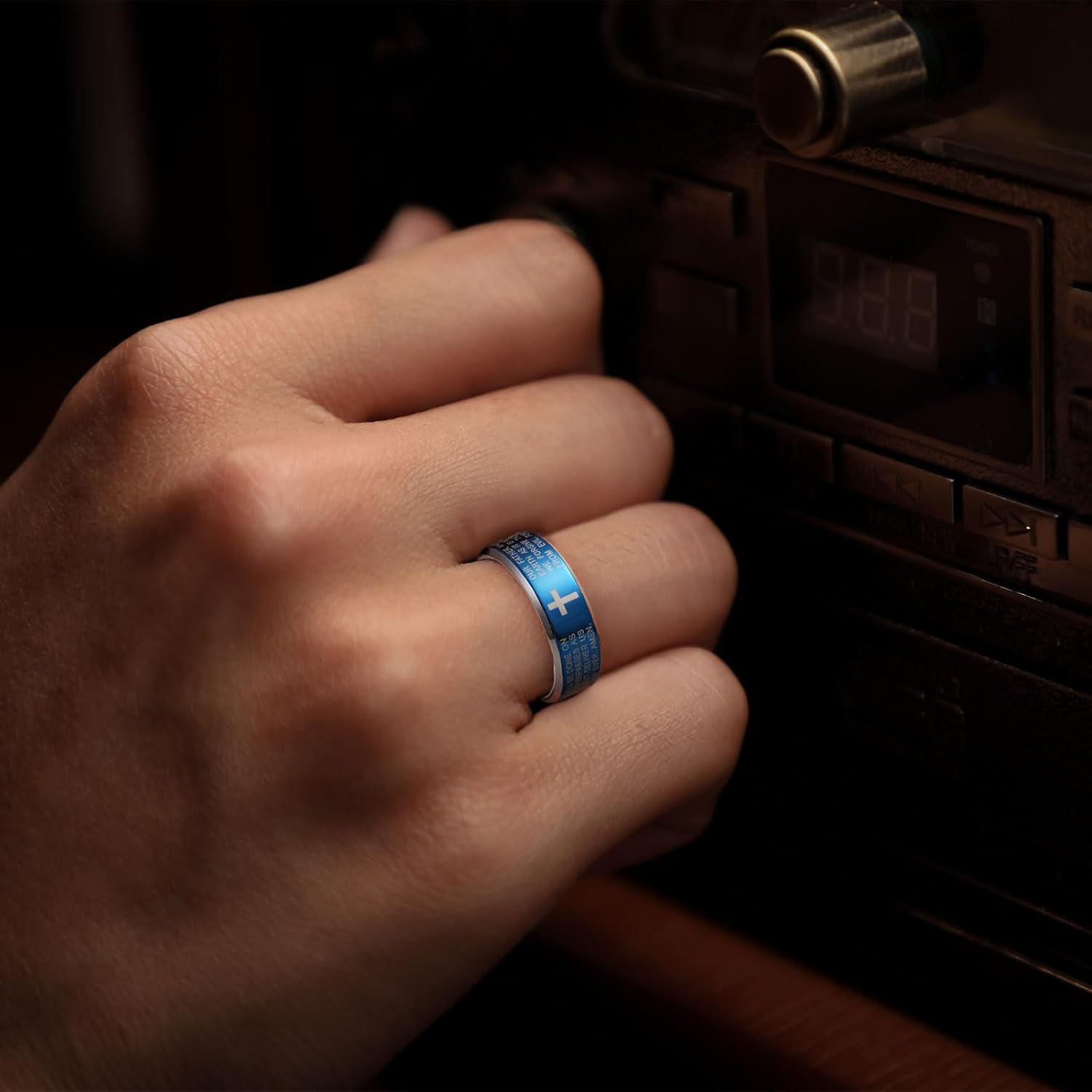 imageKing Will Stainless Steel Men Ring 8mm Lords Prayer Cross Ring Stainless Steel Men Wedding Ring GoldSilverBlack Wedding Band Bible Engraved Rings High Polished Comfort Fit Size 714blue polish