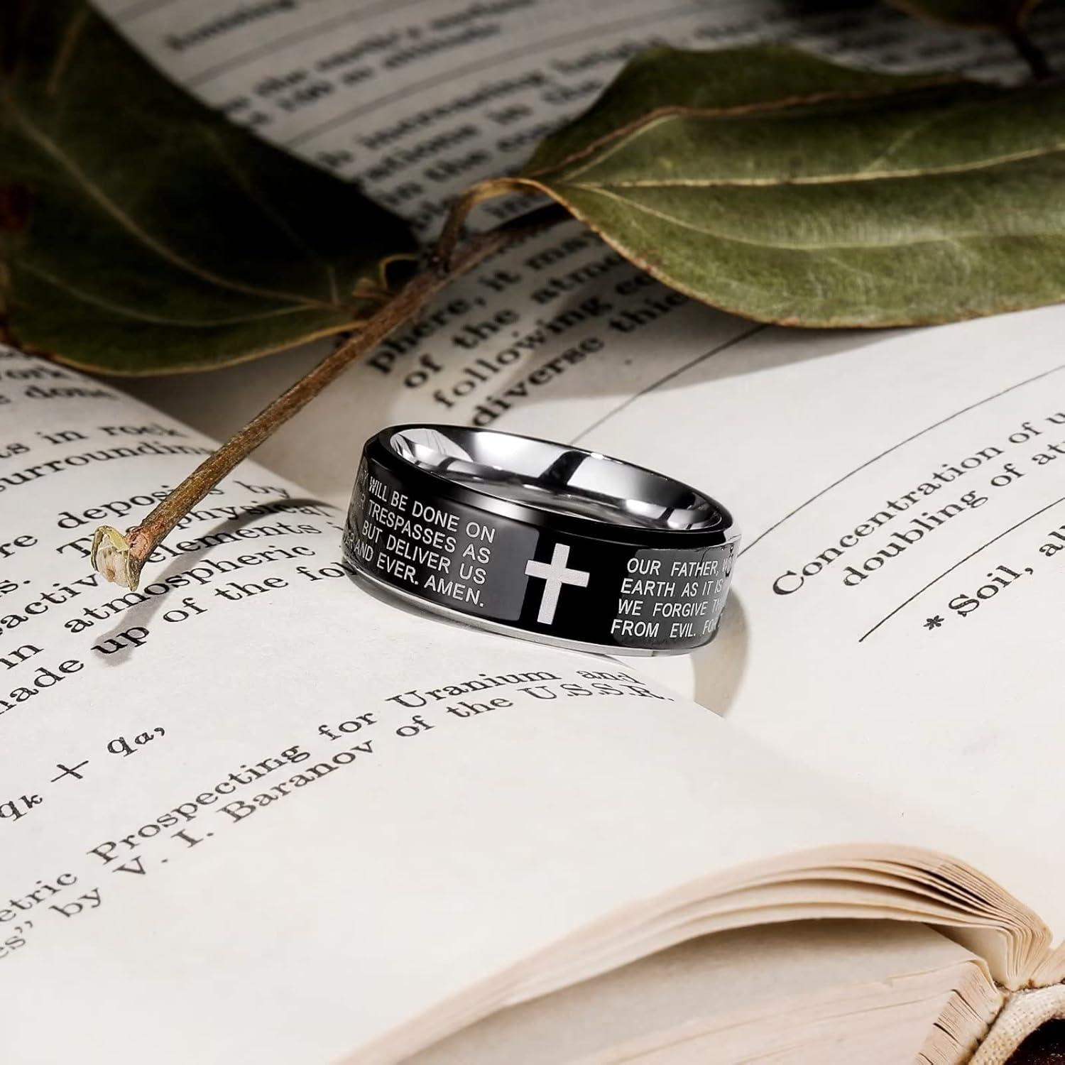 imageKing Will Stainless Steel Men Ring 8mm Lords Prayer Cross Ring Stainless Steel Men Wedding Ring GoldSilverBlack Wedding Band Bible Engraved Rings High Polished Comfort Fit Size 714black polish