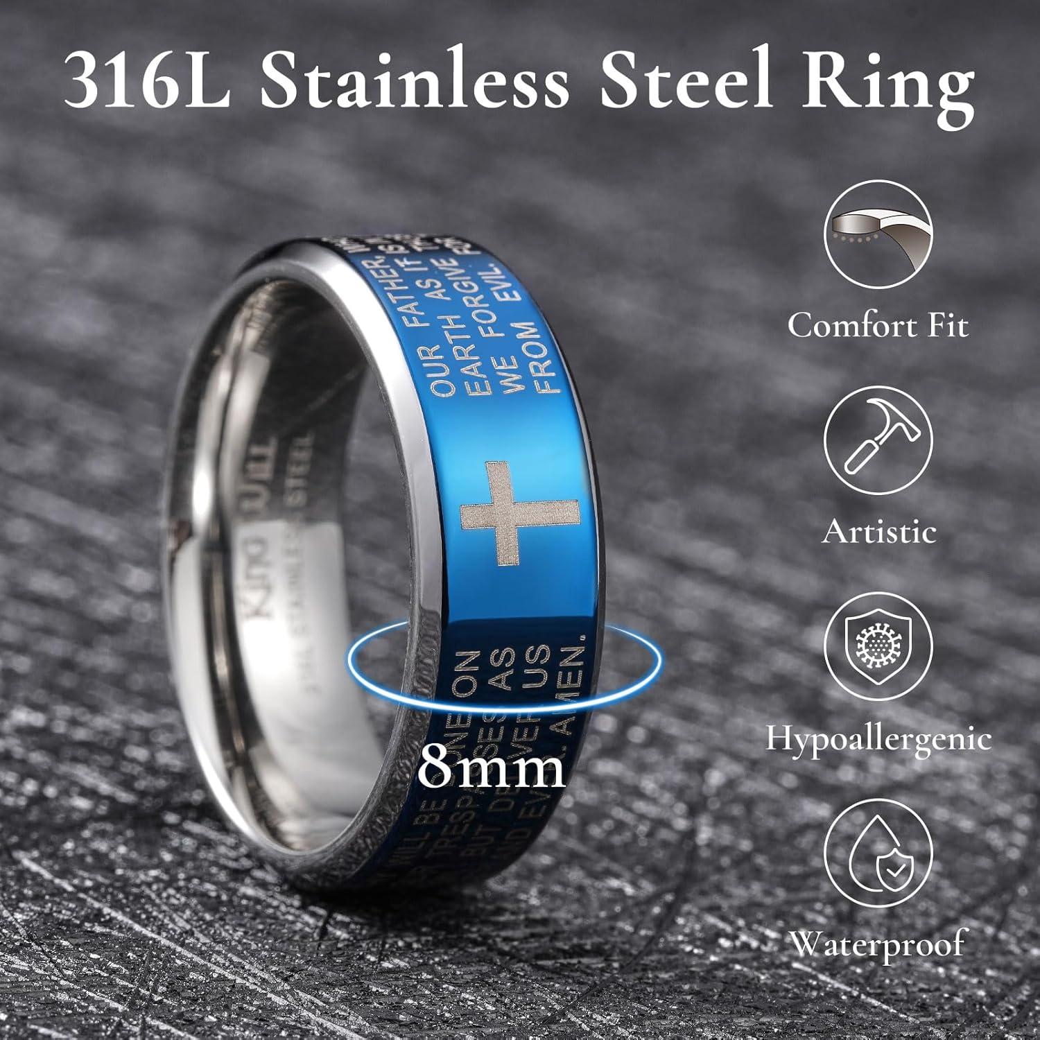 imageKing Will Stainless Steel Men Ring 8mm Lords Prayer Cross Ring Stainless Steel Men Wedding Ring GoldSilverBlack Wedding Band Bible Engraved Rings High Polished Comfort Fit Size 714blue polish