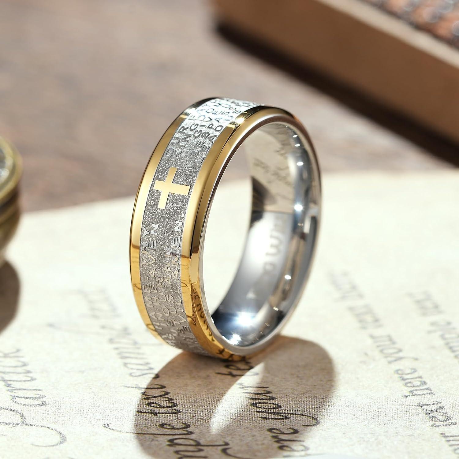 imageKing Will Stainless Steel Men Ring 8mm Lords Prayer Cross Ring Stainless Steel Men Wedding Ring GoldSilverBlack Wedding Band Bible Engraved Rings High Polished Comfort Fit Size 714Gold