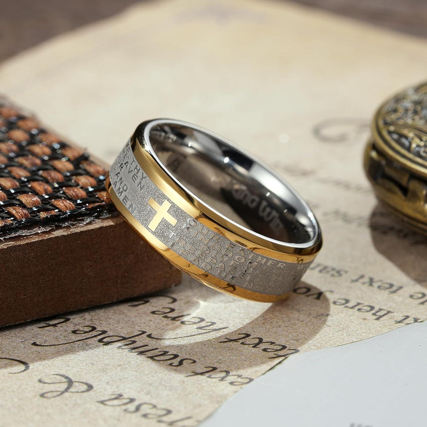 imageKing Will Stainless Steel Men Ring 8mm Lords Prayer Cross Ring Stainless Steel Men Wedding Ring GoldSilverBlack Wedding Band Bible Engraved Rings High Polished Comfort Fit Size 714Gold
