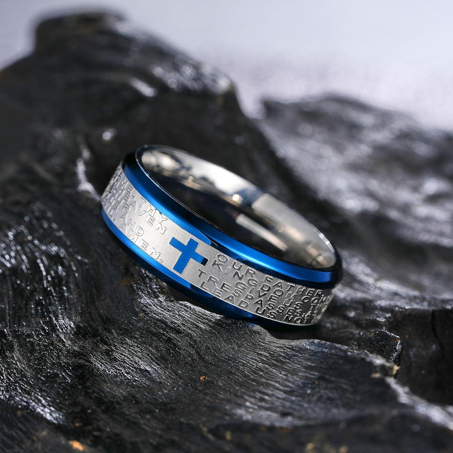 imageKing Will Stainless Steel Men Ring 8mm Lords Prayer Cross Ring Stainless Steel Men Wedding Ring GoldSilverBlack Wedding Band Bible Engraved Rings High Polished Comfort Fit Size 714SliverBlue