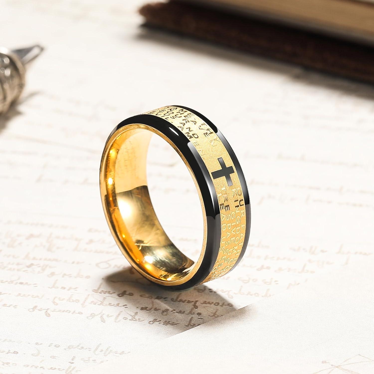 imageKing Will Stainless Steel Men Ring 8mm Lords Prayer Cross Ring Stainless Steel Men Wedding Ring GoldSilverBlack Wedding Band Bible Engraved Rings High Polished Comfort Fit Size 714GoldBlack