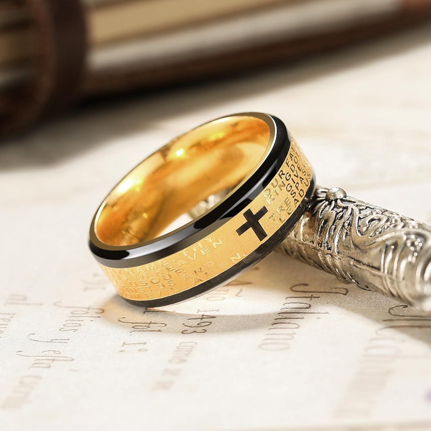 imageKing Will Stainless Steel Men Ring 8mm Lords Prayer Cross Ring Stainless Steel Men Wedding Ring GoldSilverBlack Wedding Band Bible Engraved Rings High Polished Comfort Fit Size 714GoldBlack