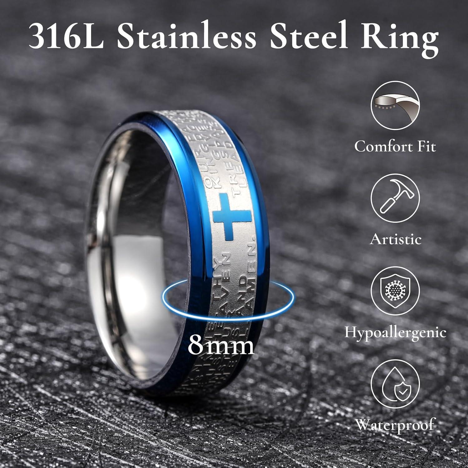 imageKing Will Stainless Steel Men Ring 8mm Lords Prayer Cross Ring Stainless Steel Men Wedding Ring GoldSilverBlack Wedding Band Bible Engraved Rings High Polished Comfort Fit Size 714SliverBlue