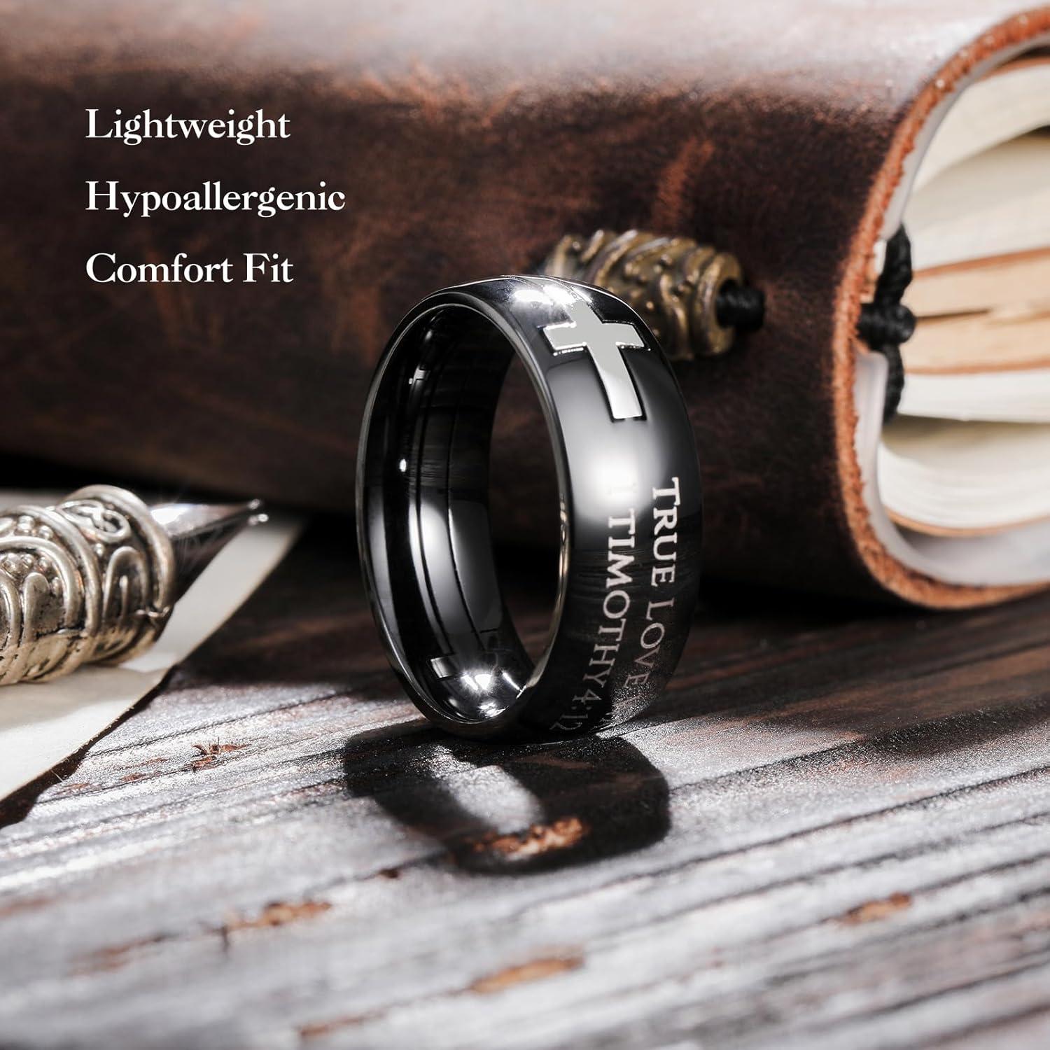 imageKing Will Stainless Steel Men Ring 8mm Lords Prayer Cross Ring Stainless Steel Men Wedding Ring GoldSilverBlack Wedding Band Bible Engraved Rings High Polished Comfort Fit Size 714Black Silver