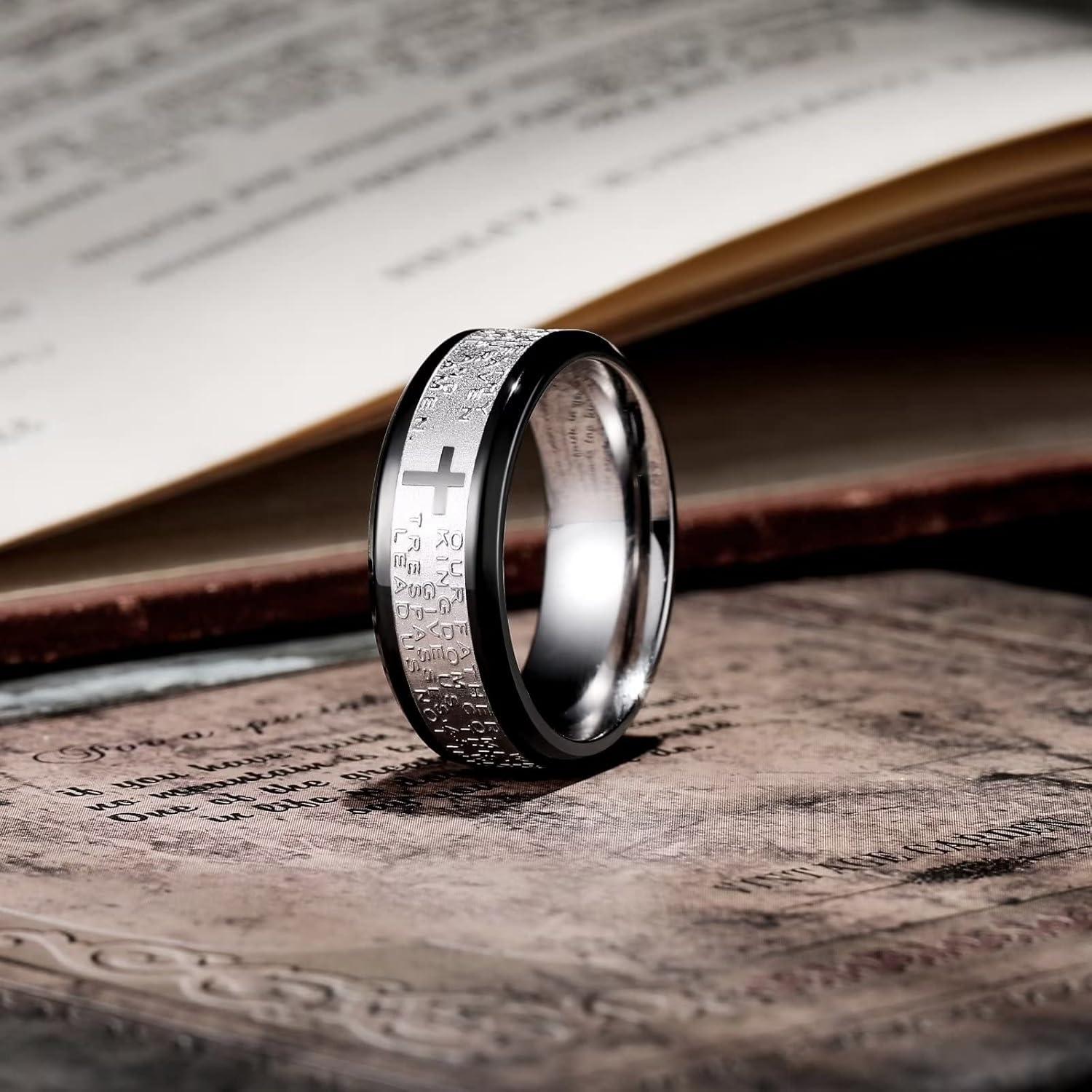 imageKing Will Stainless Steel Men Ring 8mm Lords Prayer Cross Ring Stainless Steel Men Wedding Ring GoldSilverBlack Wedding Band Bible Engraved Rings High Polished Comfort Fit Size 714black