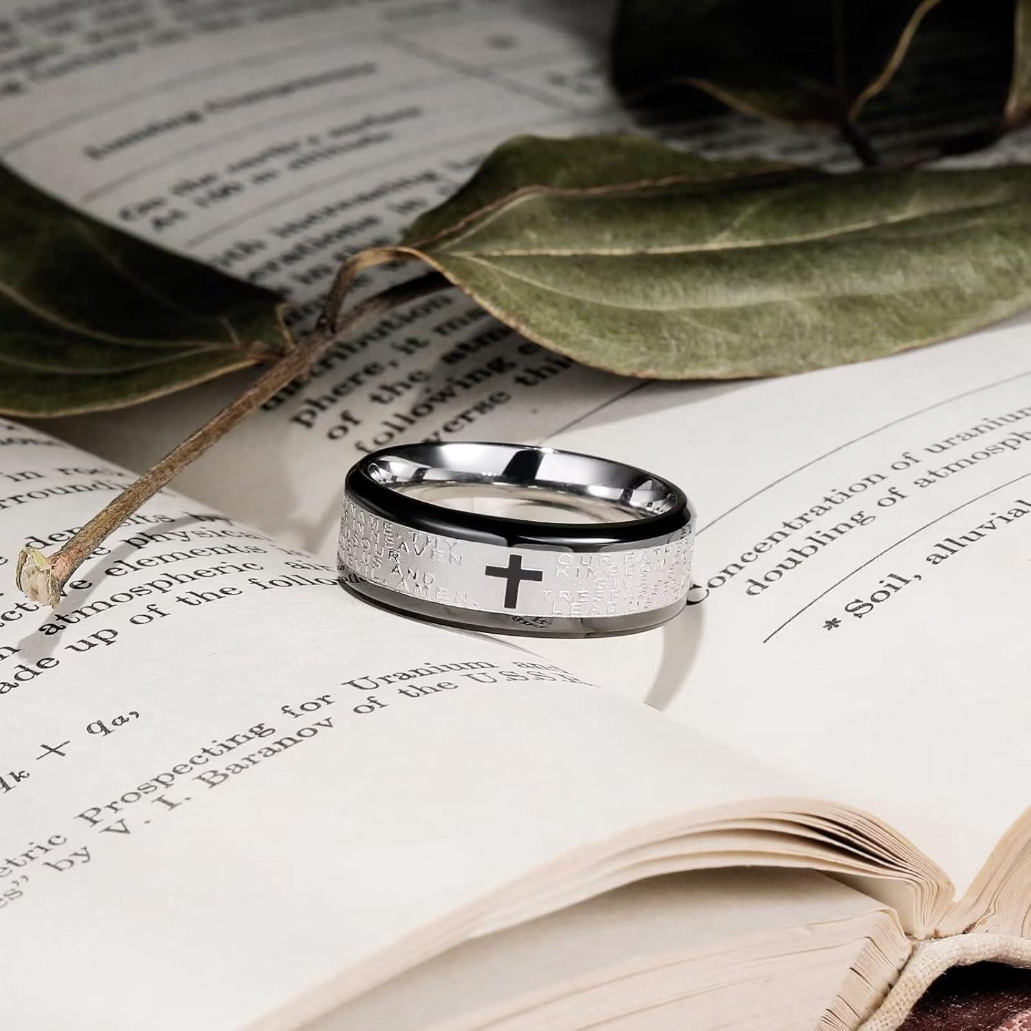 imageKing Will Stainless Steel Men Ring 8mm Lords Prayer Cross Ring Stainless Steel Men Wedding Ring GoldSilverBlack Wedding Band Bible Engraved Rings High Polished Comfort Fit Size 714black