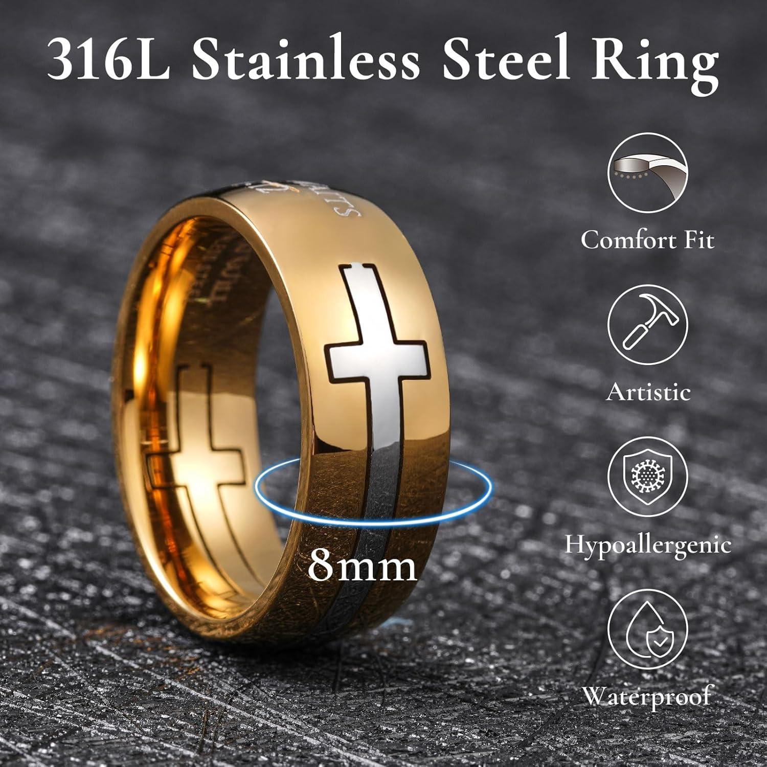 imageKing Will Stainless Steel Men Ring 8mm Lords Prayer Cross Ring Stainless Steel Men Wedding Ring GoldSilverBlack Wedding Band Bible Engraved Rings High Polished Comfort Fit Size 714Gold Silver