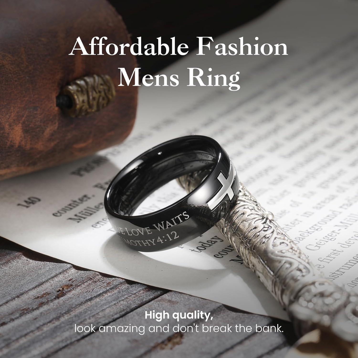 imageKing Will Stainless Steel Men Ring 8mm Lords Prayer Cross Ring Stainless Steel Men Wedding Ring GoldSilverBlack Wedding Band Bible Engraved Rings High Polished Comfort Fit Size 714Black Silver