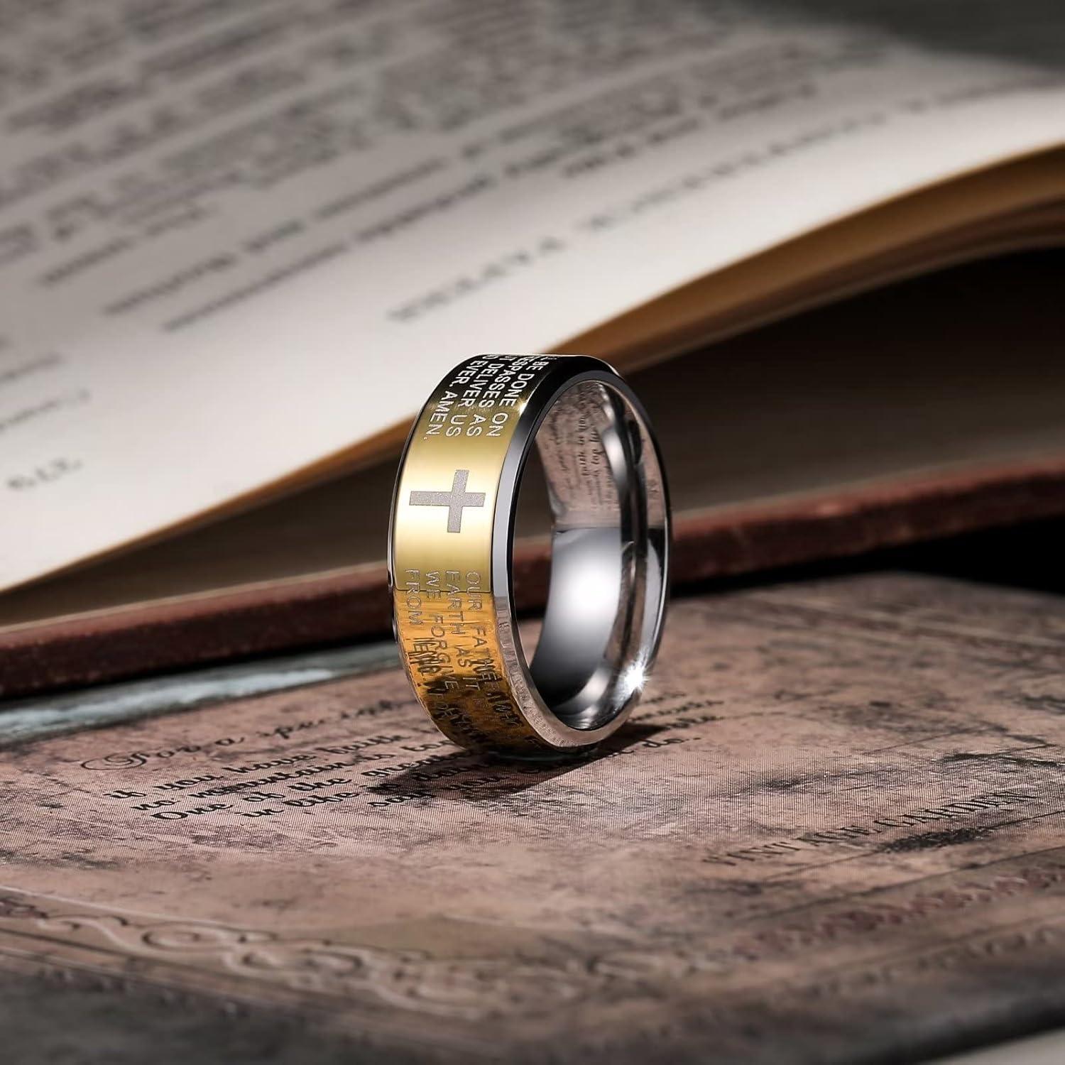 imageKing Will Stainless Steel Men Ring 8mm Lords Prayer Cross Ring Stainless Steel Men Wedding Ring GoldSilverBlack Wedding Band Bible Engraved Rings High Polished Comfort Fit Size 714gold polish