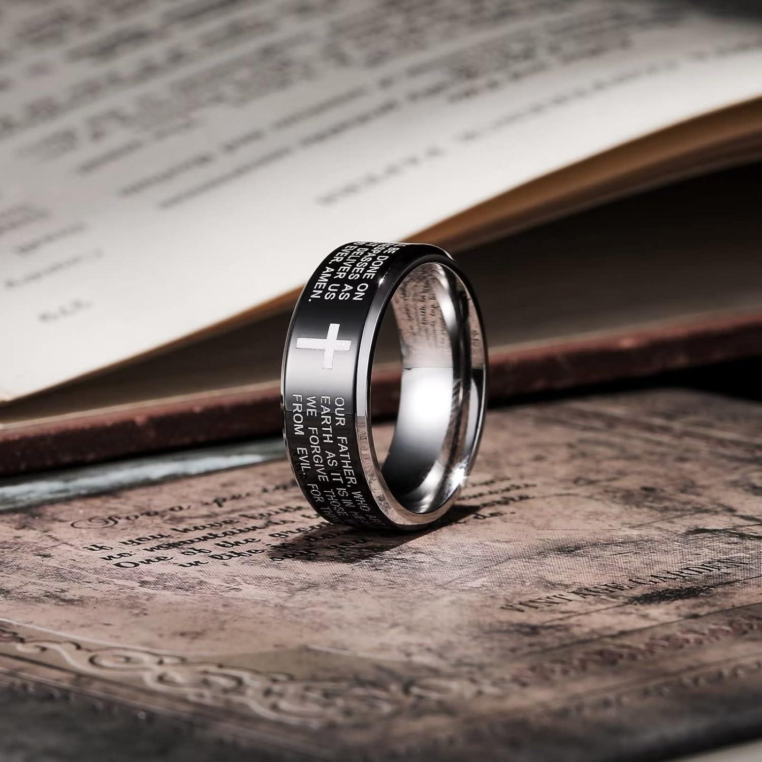 imageKing Will Stainless Steel Men Ring 8mm Lords Prayer Cross Ring Stainless Steel Men Wedding Ring GoldSilverBlack Wedding Band Bible Engraved Rings High Polished Comfort Fit Size 714black polish