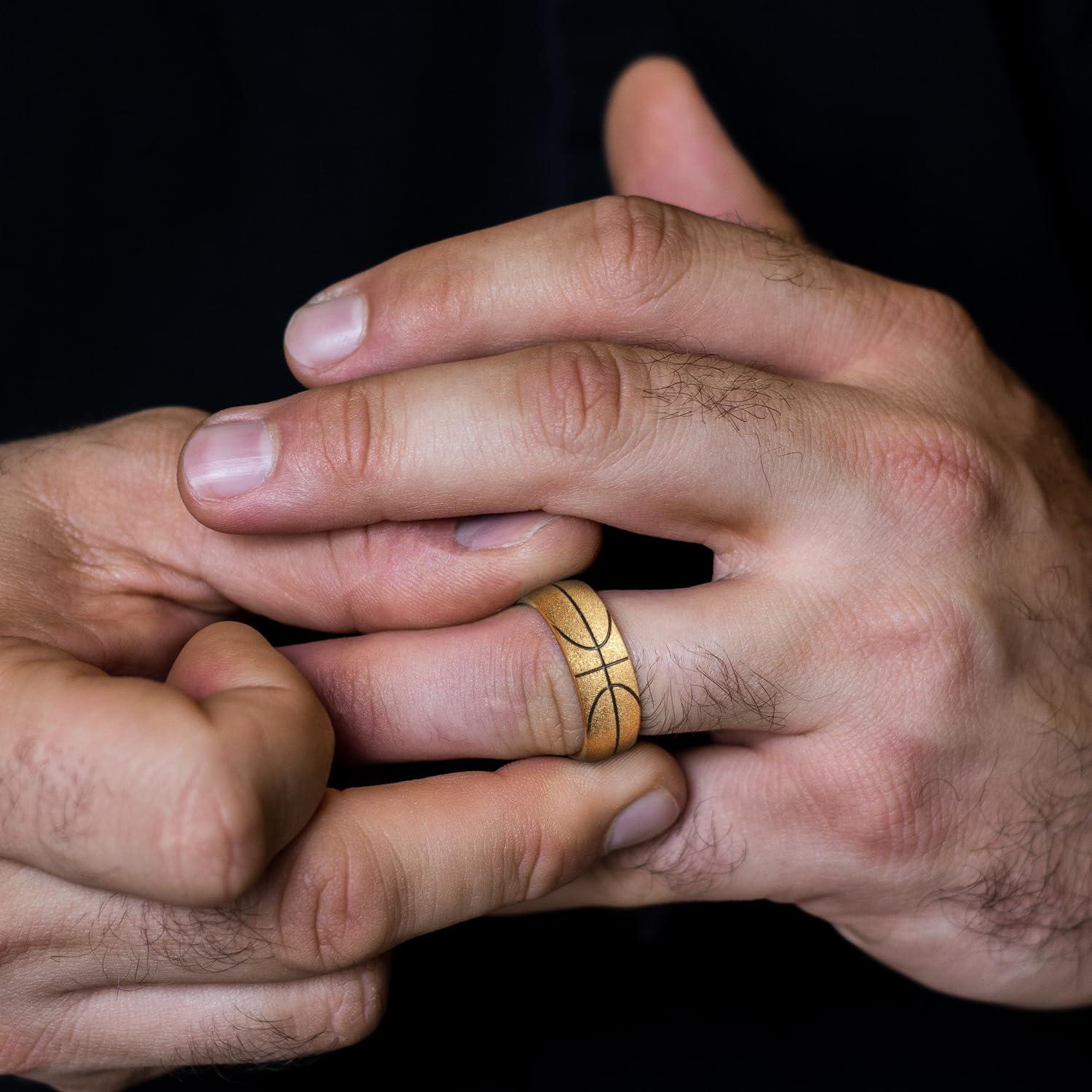 imageKing Will Stainless Steel Mens Ring Basketball Mens Wedding Ring 8mm Arc Design with Etched Basketball Pattern Aged SilverGold Finish with Black Grooves Size 714Gold