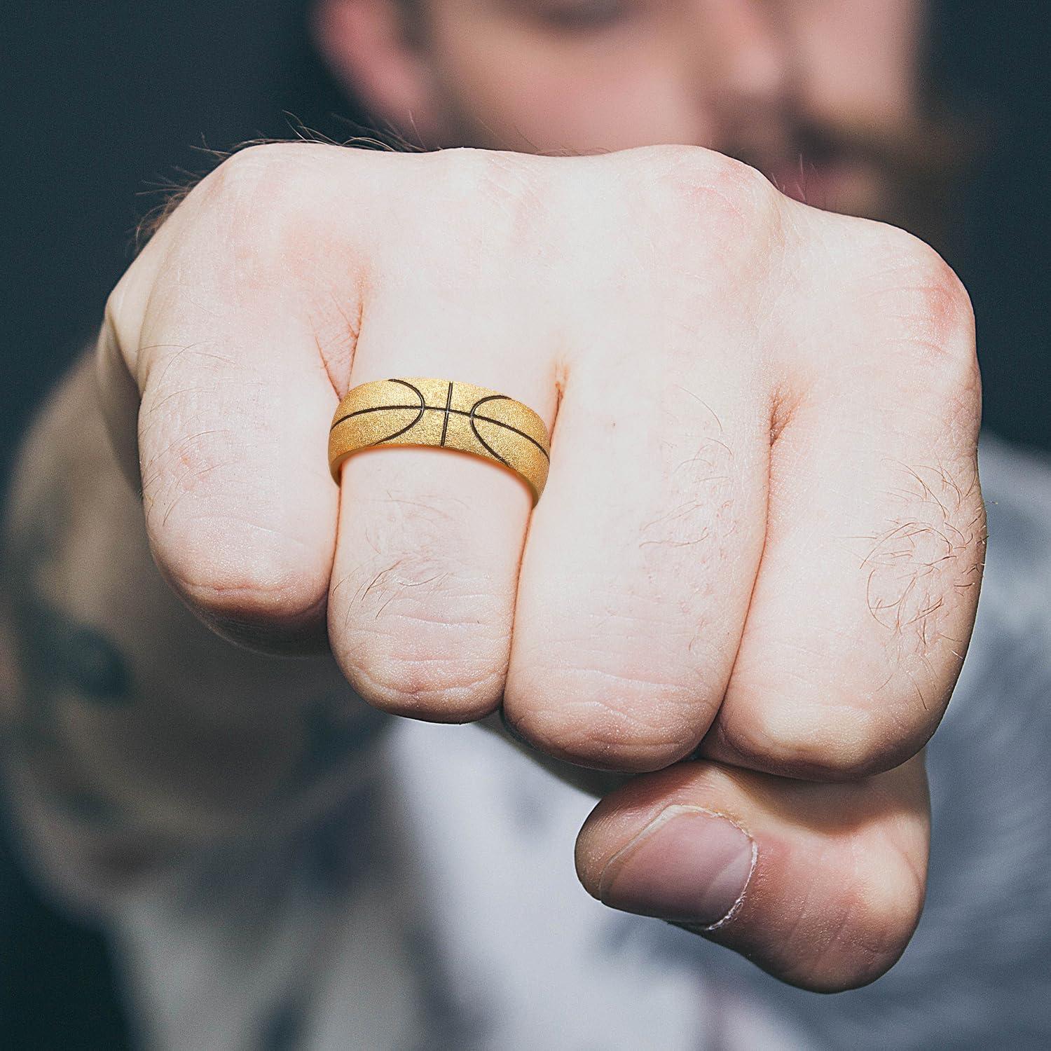 imageKing Will Stainless Steel Mens Ring Basketball Mens Wedding Ring 8mm Arc Design with Etched Basketball Pattern Aged SilverGold Finish with Black Grooves Size 714Gold