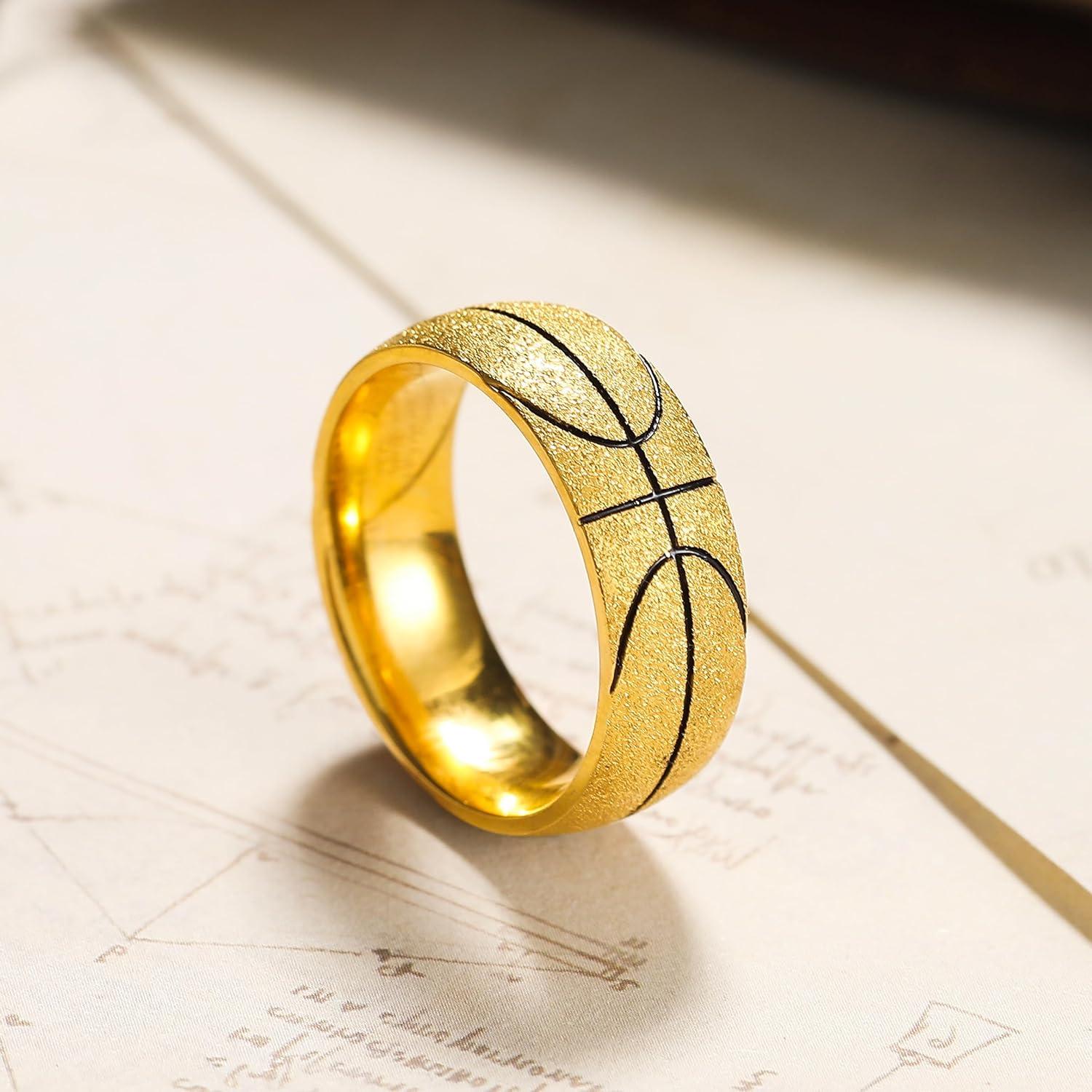 imageKing Will Stainless Steel Mens Ring Basketball Mens Wedding Ring 8mm Arc Design with Etched Basketball Pattern Aged SilverGold Finish with Black Grooves Size 714Gold