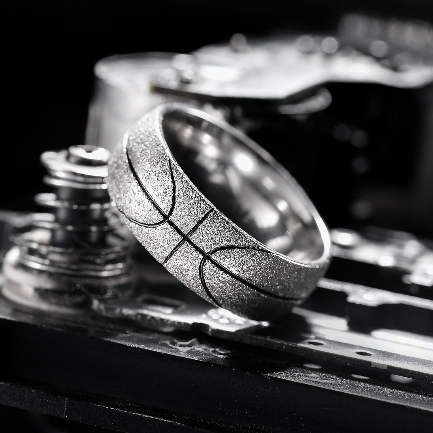 imageKing Will Stainless Steel Mens Ring Basketball Mens Wedding Ring 8mm Arc Design with Etched Basketball Pattern Aged SilverGold Finish with Black Grooves Size 714Basketball 8mm