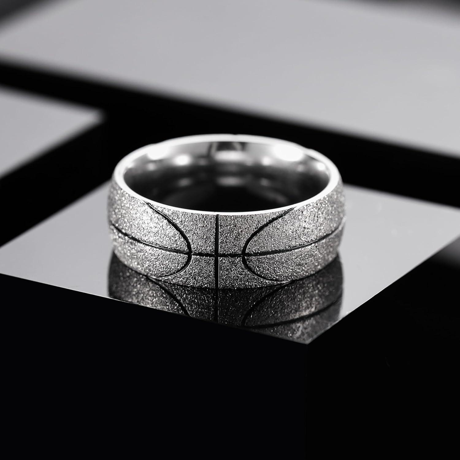 imageKing Will Stainless Steel Mens Ring Basketball Mens Wedding Ring 8mm Arc Design with Etched Basketball Pattern Aged SilverGold Finish with Black Grooves Size 714Basketball 8mm