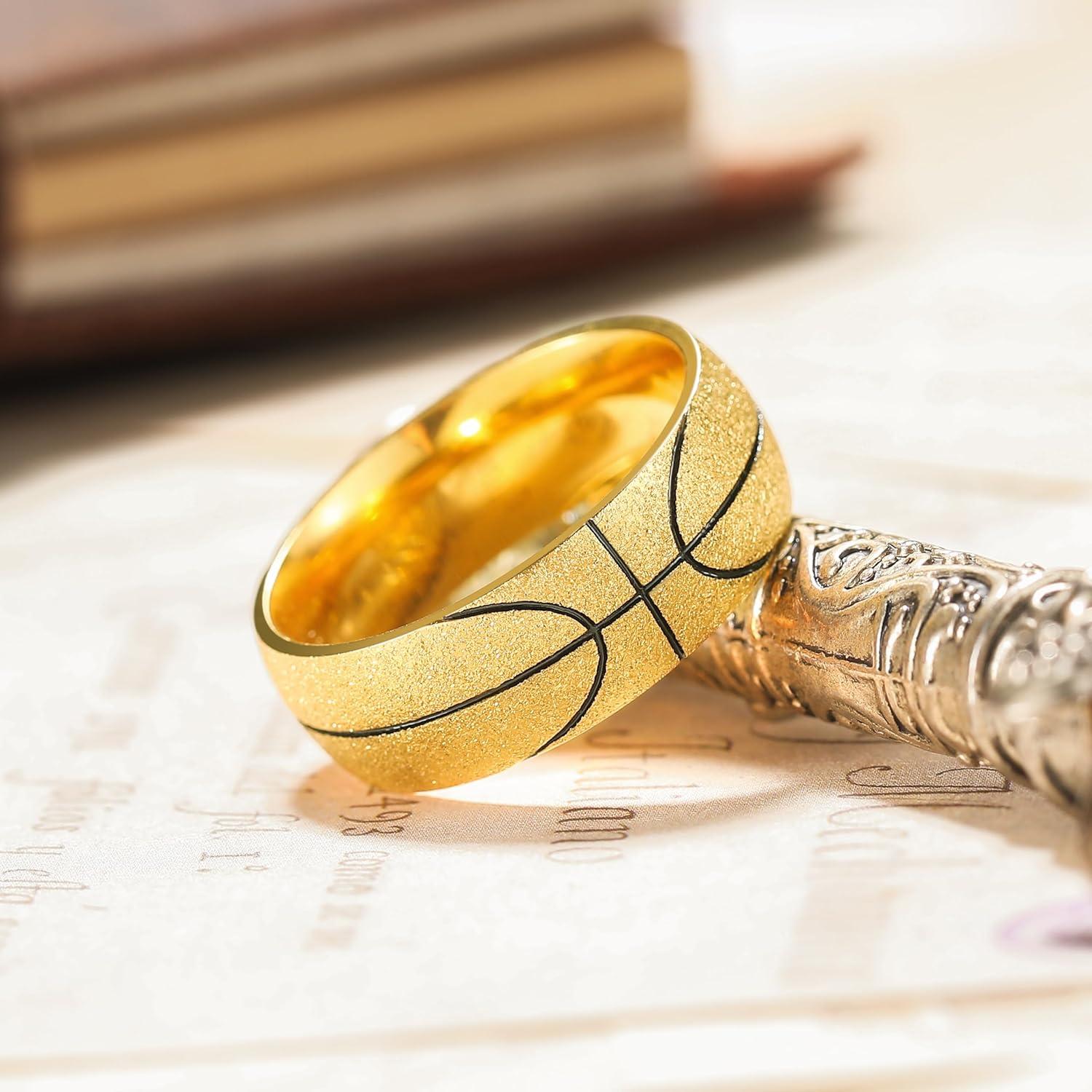 imageKing Will Stainless Steel Mens Ring Basketball Mens Wedding Ring 8mm Arc Design with Etched Basketball Pattern Aged SilverGold Finish with Black Grooves Size 714Gold