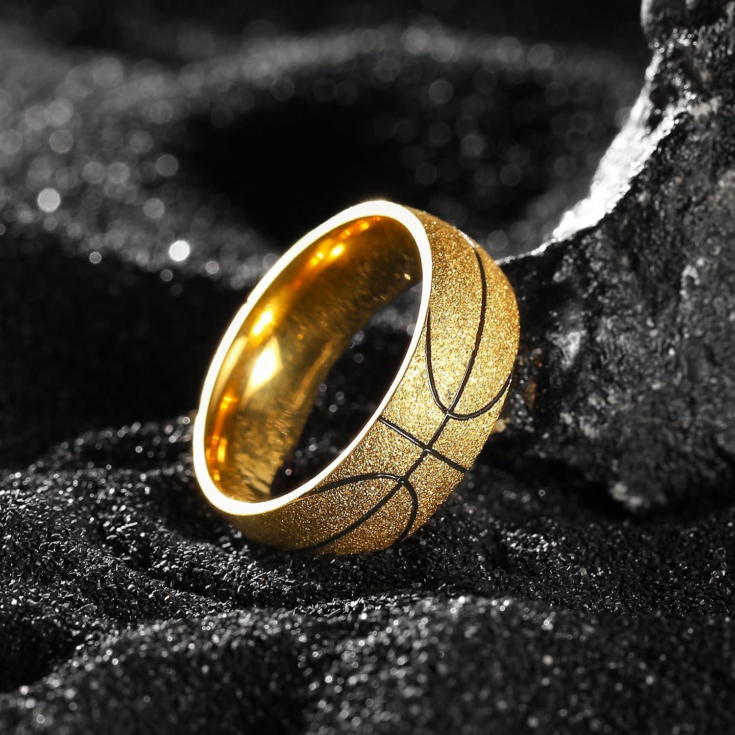 imageKing Will Stainless Steel Mens Ring Basketball Mens Wedding Ring 8mm Arc Design with Etched Basketball Pattern Aged SilverGold Finish with Black Grooves Size 714Gold