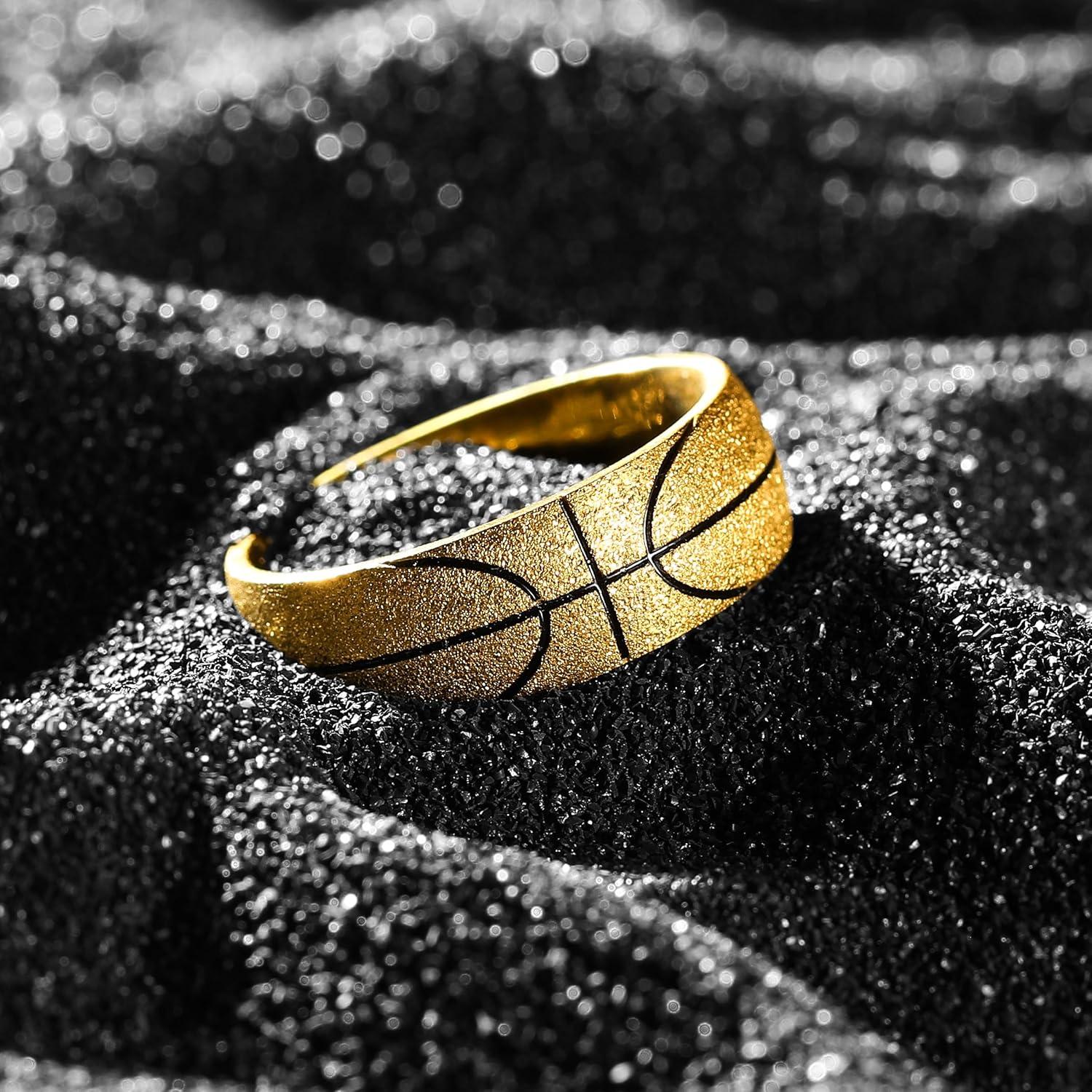 imageKing Will Stainless Steel Mens Ring Basketball Mens Wedding Ring 8mm Arc Design with Etched Basketball Pattern Aged SilverGold Finish with Black Grooves Size 714Gold