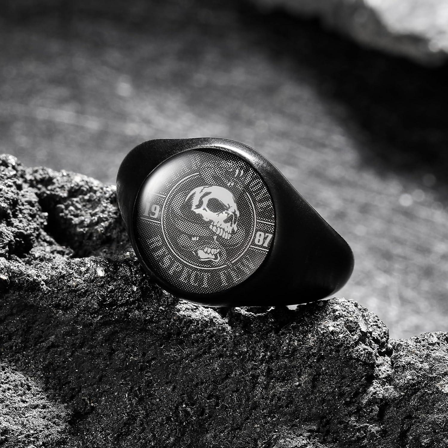 imageKing Will Stainless Steel Ring for Men Meteorite Inlay Matte Finished BlackSilverGold Plated Pinky Signet With SkullLion Pattern Comfort Fit Thumb Ring Size 714Deep Black