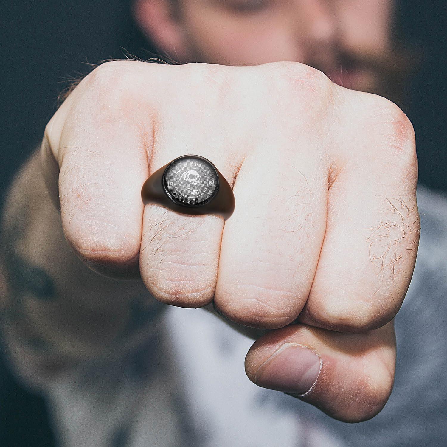 imageKing Will Stainless Steel Ring for Men Meteorite Inlay Matte Finished BlackSilverGold Plated Pinky Signet With SkullLion Pattern Comfort Fit Thumb Ring Size 714Deep Black