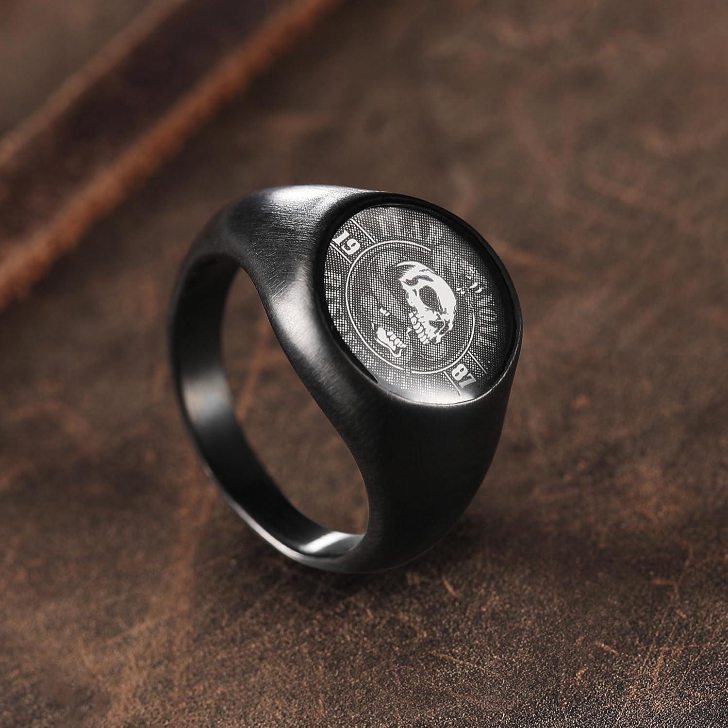 imageKing Will Stainless Steel Ring for Men Meteorite Inlay Matte Finished BlackSilverGold Plated Pinky Signet With SkullLion Pattern Comfort Fit Thumb Ring Size 714Deep Black