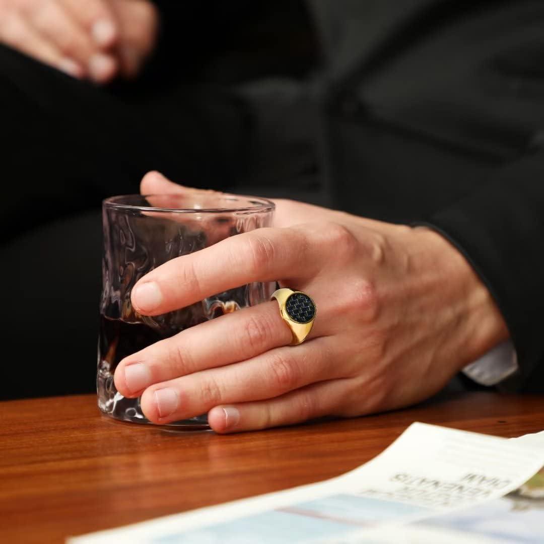 imageKing Will Stainless Steel Ring for Men Meteorite Inlay Matte Finished BlackSilverGold Plated Pinky Signet With SkullLion Pattern Comfort Fit Thumb Ring Size 714Gold