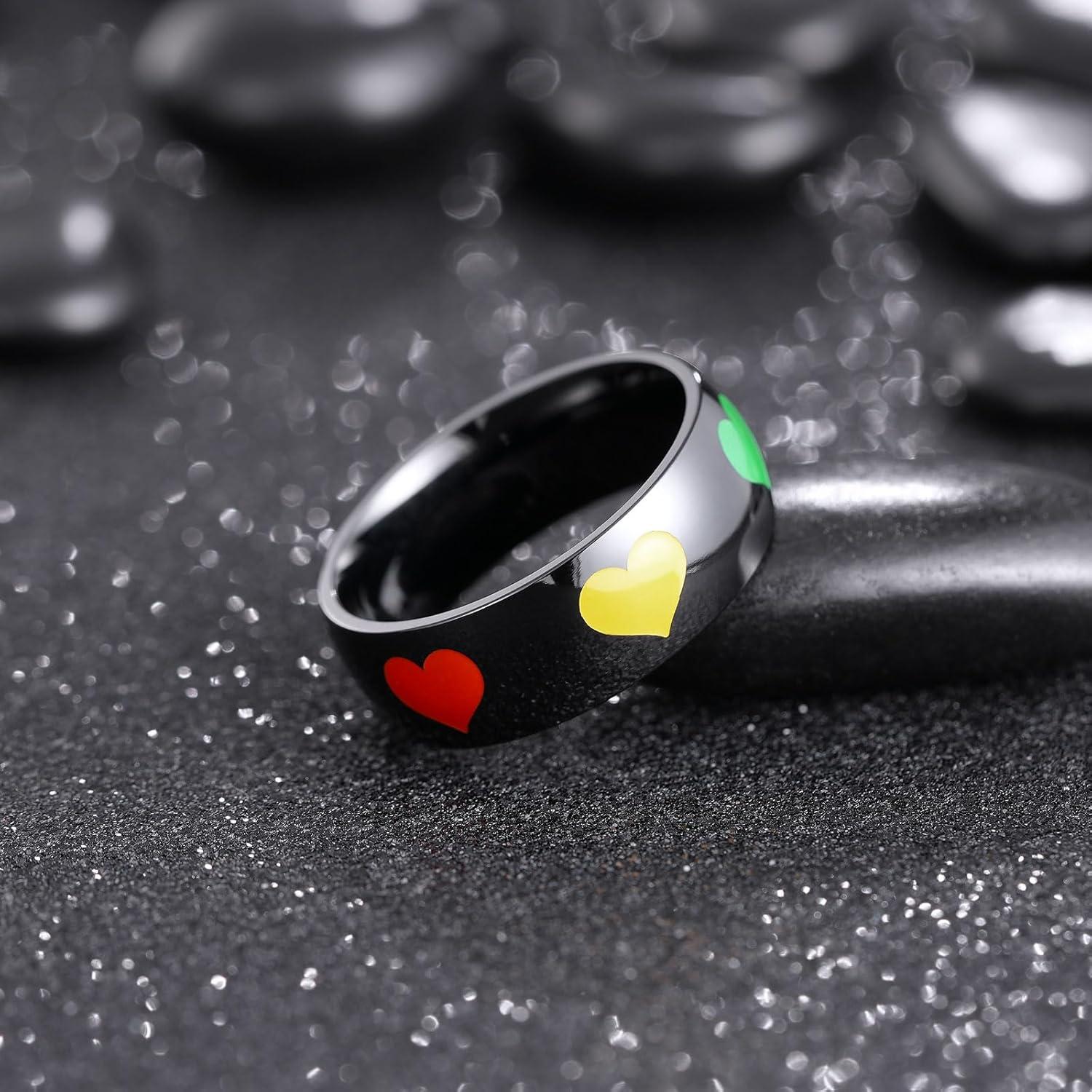 imageKing Will Titanium Steel Wedding Band for Men Women8mm BlackSliver Wedding Ring with Stars and Hearts in Vary Colors Design Comfort Fit Size 10HeartBalck