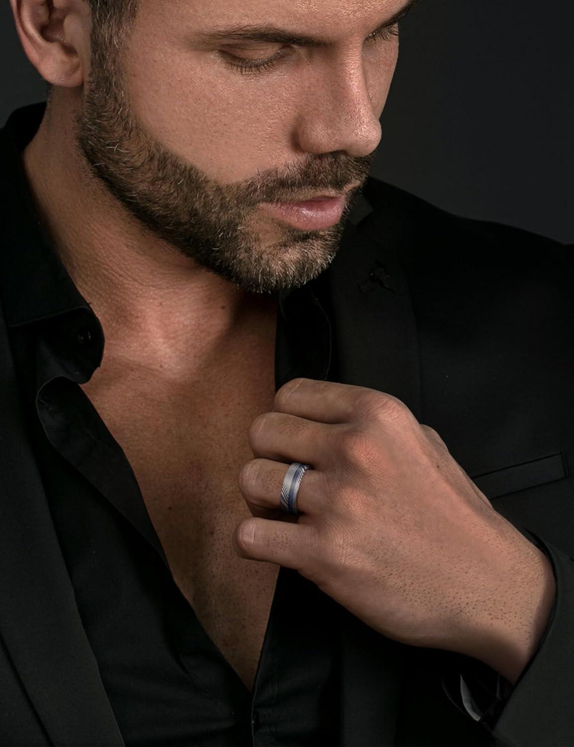 imageKing Will Titanium Wedding Band for Men 78mm BlackSilverGold Titanium Men Ring with KoaMaple Wood Inlay Wooden Wedding Ring for Men Women Comfort Fit Size 614DBlue